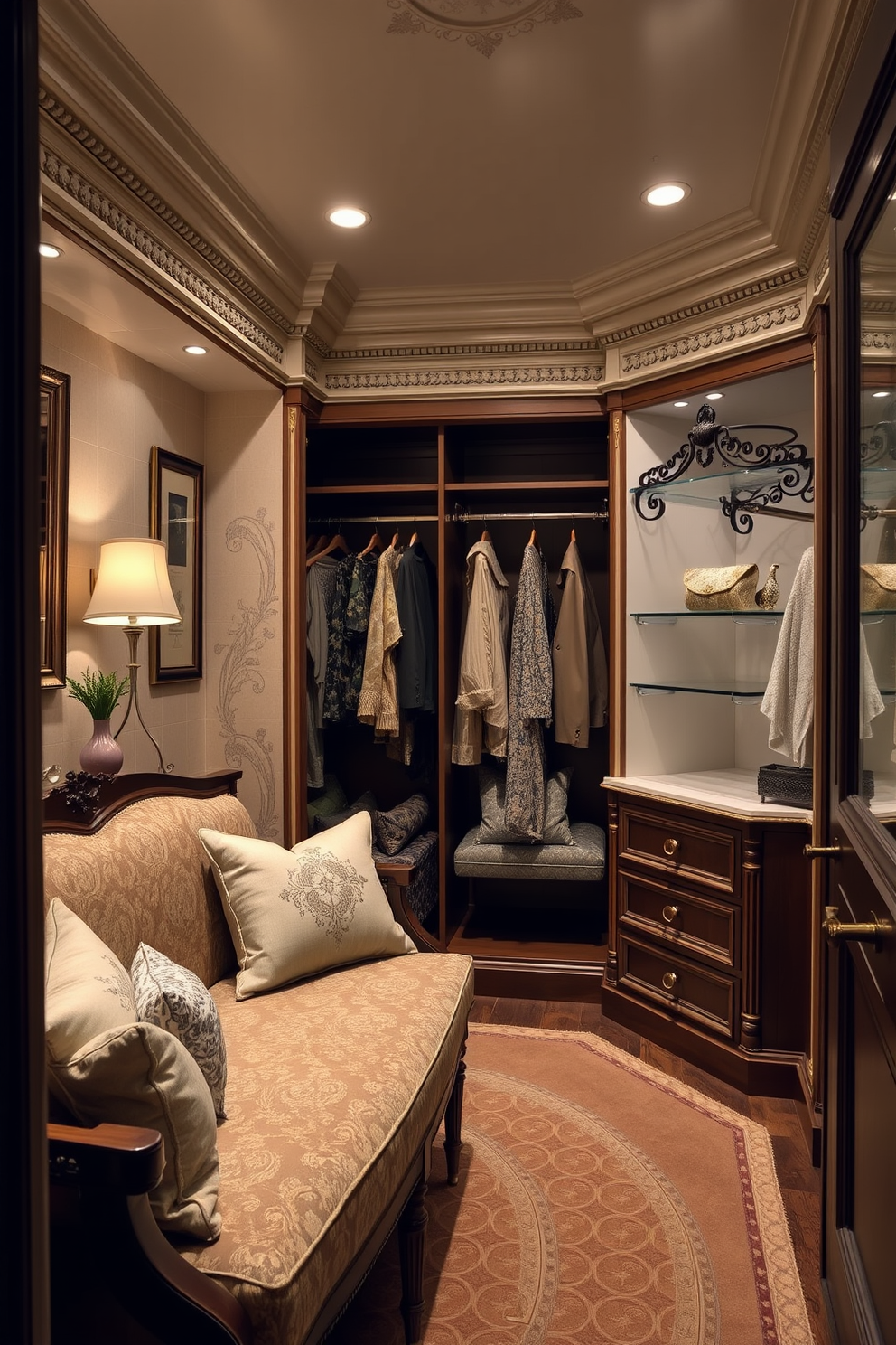 A luxurious Victorian walk-in closet featuring elegant hanging racks for easy access to outfits. The space is adorned with intricate moldings, rich wood finishes, and plush carpeting, creating a sophisticated atmosphere.