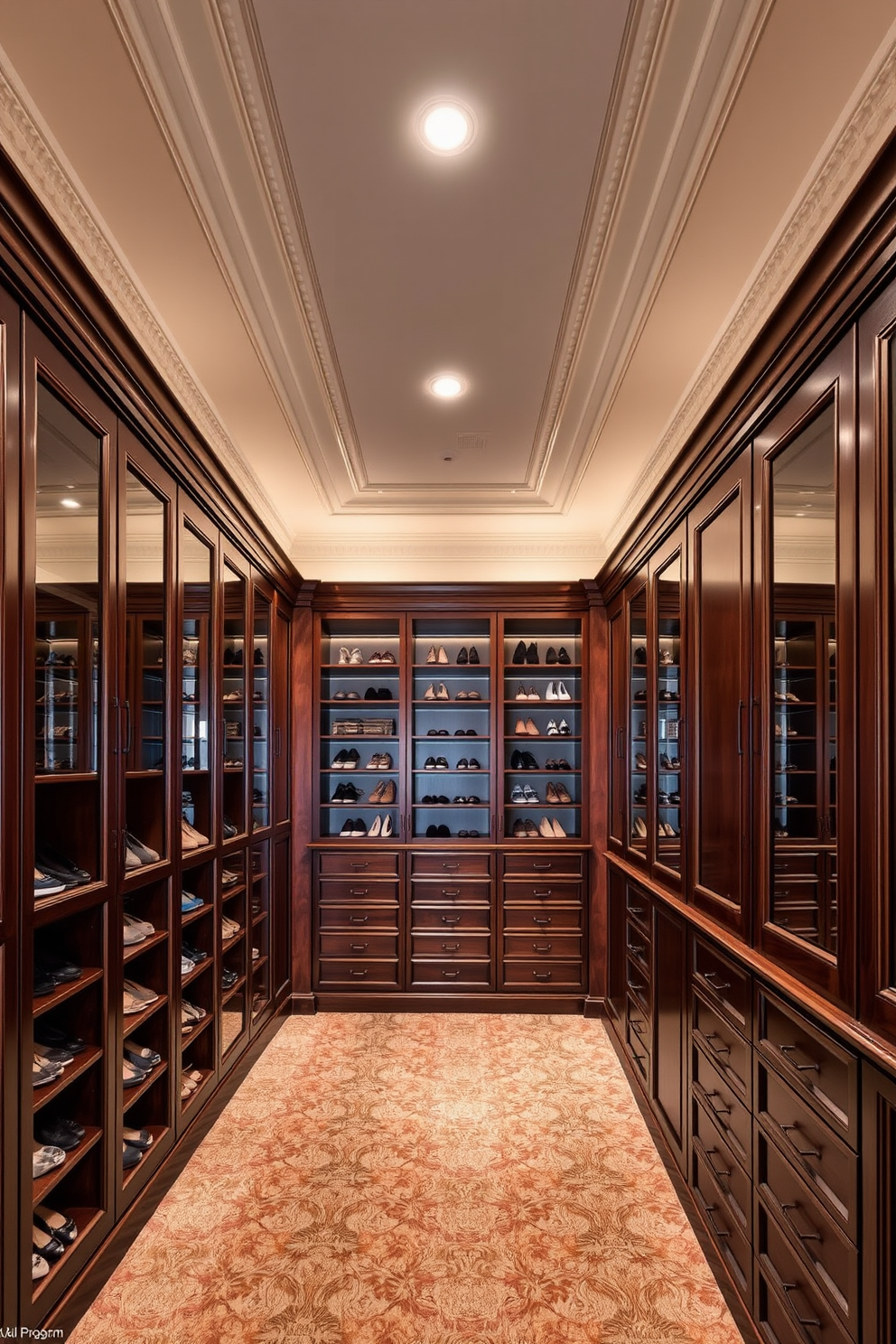 A luxurious walk-in closet featuring decorative molding along the ceiling edges. The space is adorned with rich wooden cabinetry, elegantly showcasing an array of shoes and accessories.