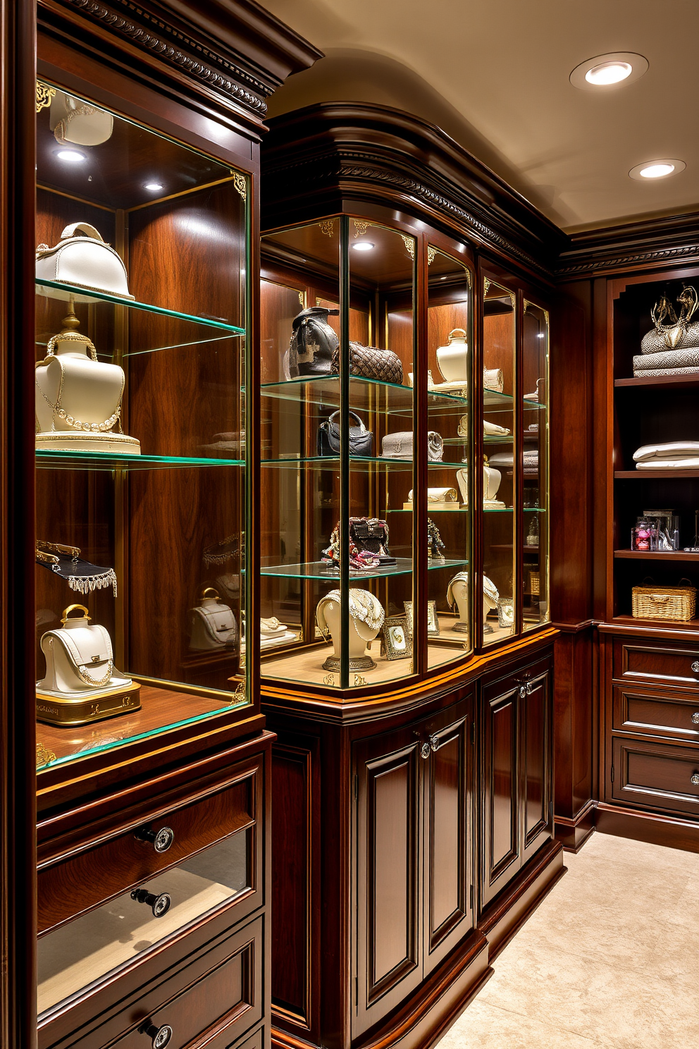 A luxurious walk-in closet featuring elegant glass display cases for accessories. The cases are strategically placed to showcase jewelry and handbags, while rich wooden shelving complements the Victorian style.