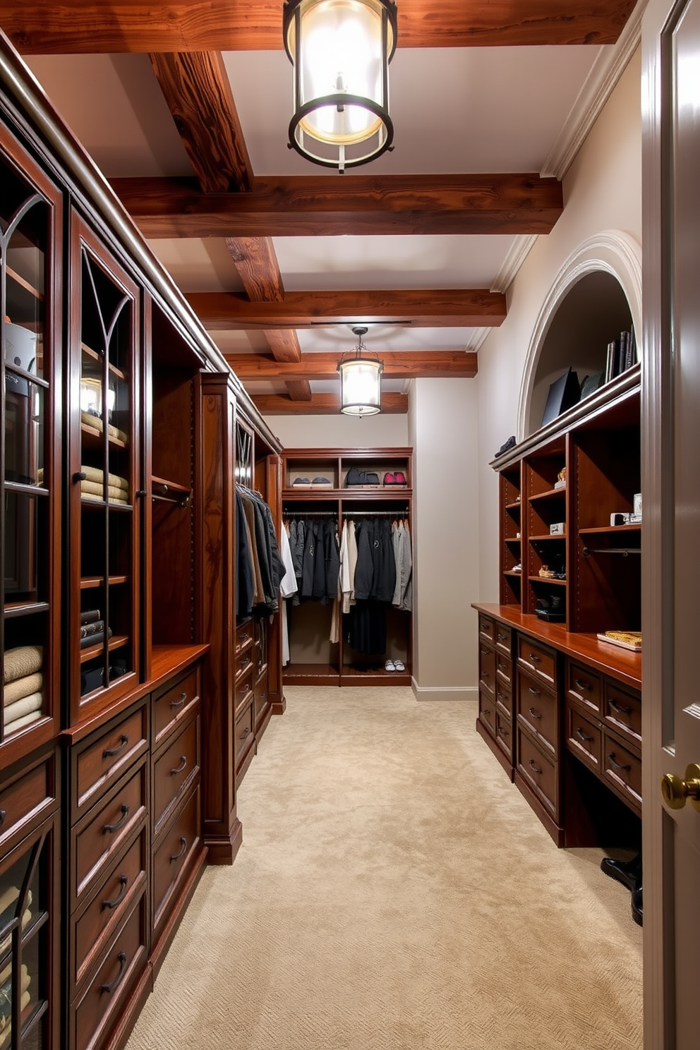 A luxurious walk-in closet featuring wooden beams that add rustic warmth to the space. Elegant shelving and hanging areas are complemented by plush carpeting and vintage-style lighting fixtures.