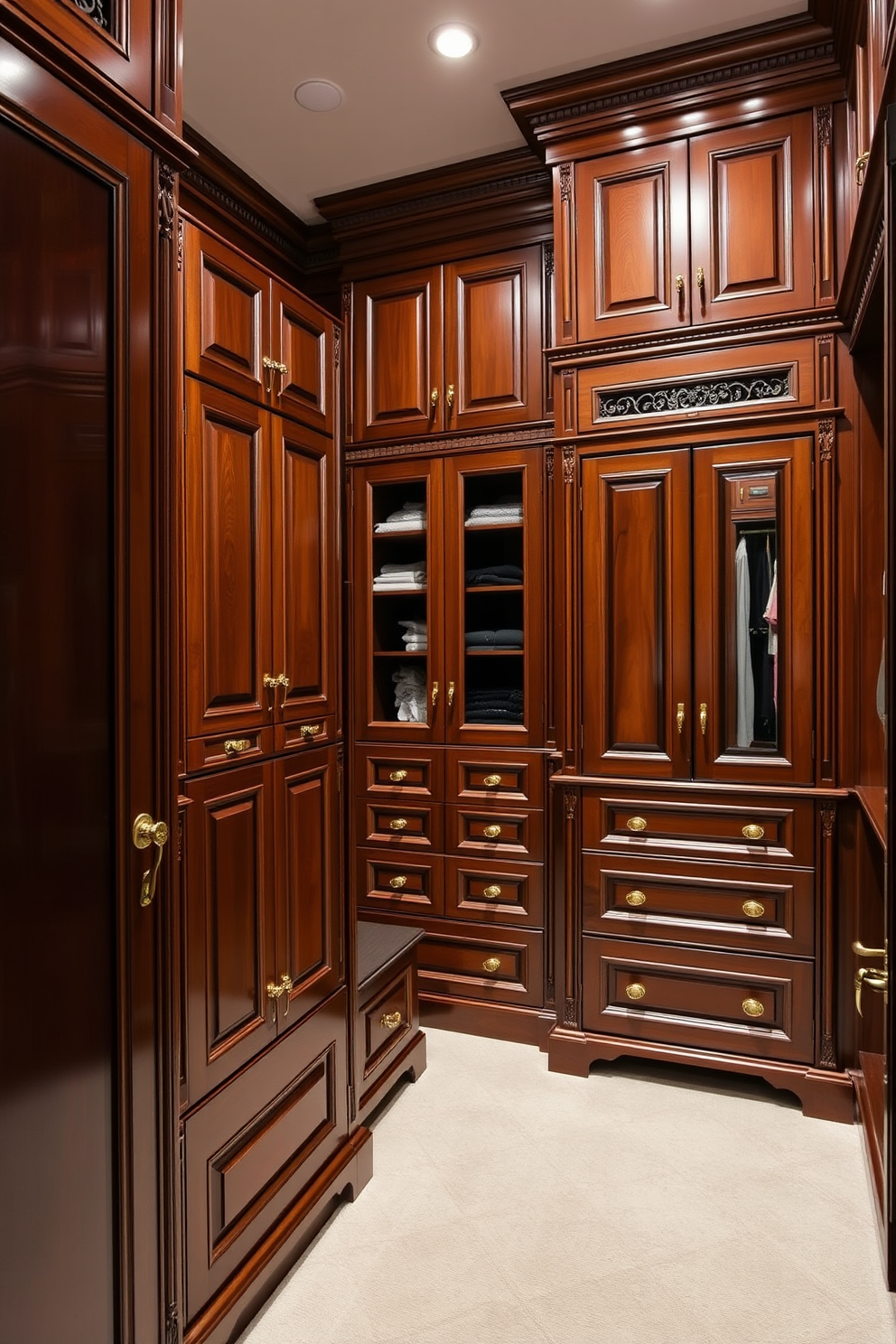 A luxurious walk-in closet featuring floor-to-ceiling cabinetry that maximizes storage space. The cabinetry is finished in a rich mahogany with intricate Victorian-style moldings and brass hardware.