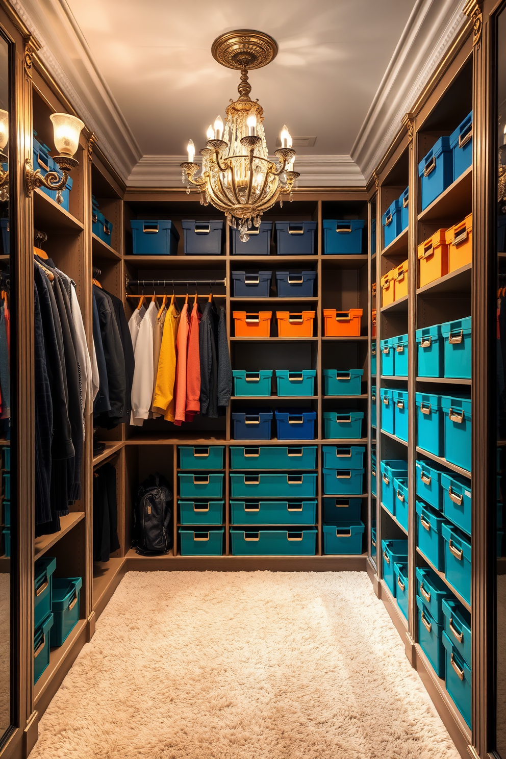 A luxurious walk-in closet featuring color-coordinated storage bins that enhance organization and neatness. The bins are arranged on elegant shelving, complemented by a plush carpet and ornate lighting fixtures that create a sophisticated atmosphere.