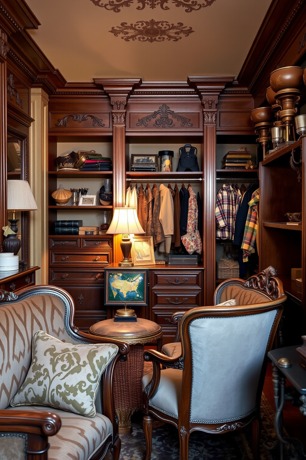 Rich wood paneling creates a warm and inviting atmosphere in a Victorian walk-in closet. The space features elegant shelving and hanging areas, adorned with vintage accessories and plush carpeting for a luxurious touch.