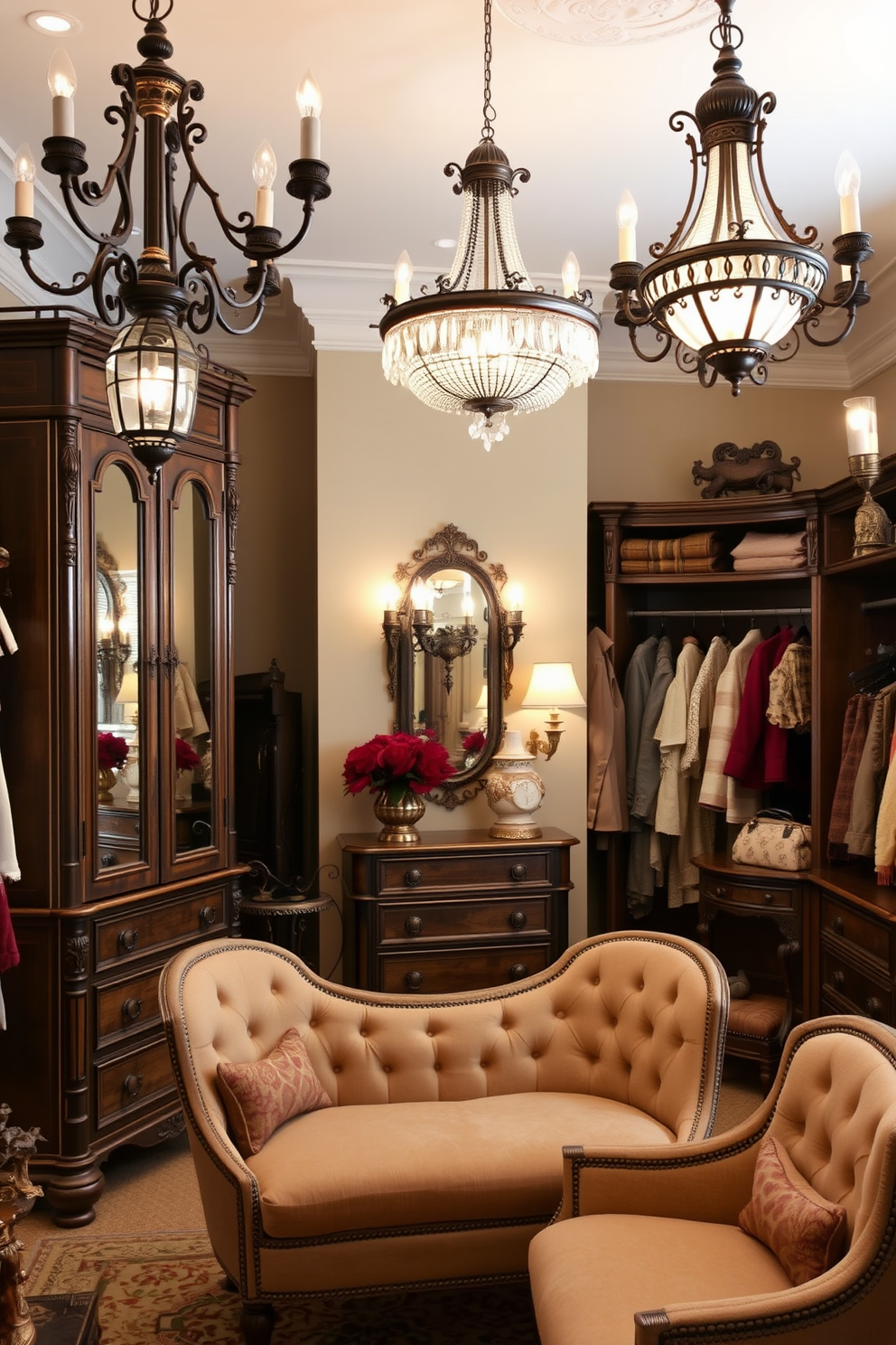 A charming dressing table exuding vintage flair features intricate carvings and an ornate mirror. Soft pastel colors adorn the table, complemented by delicate floral accents and a plush velvet stool. The Victorian walk-in closet showcases rich wooden cabinetry with gold hardware and ample storage space. Elegant lighting fixtures illuminate the space, highlighting the luxurious fabrics and accessories neatly organized within.