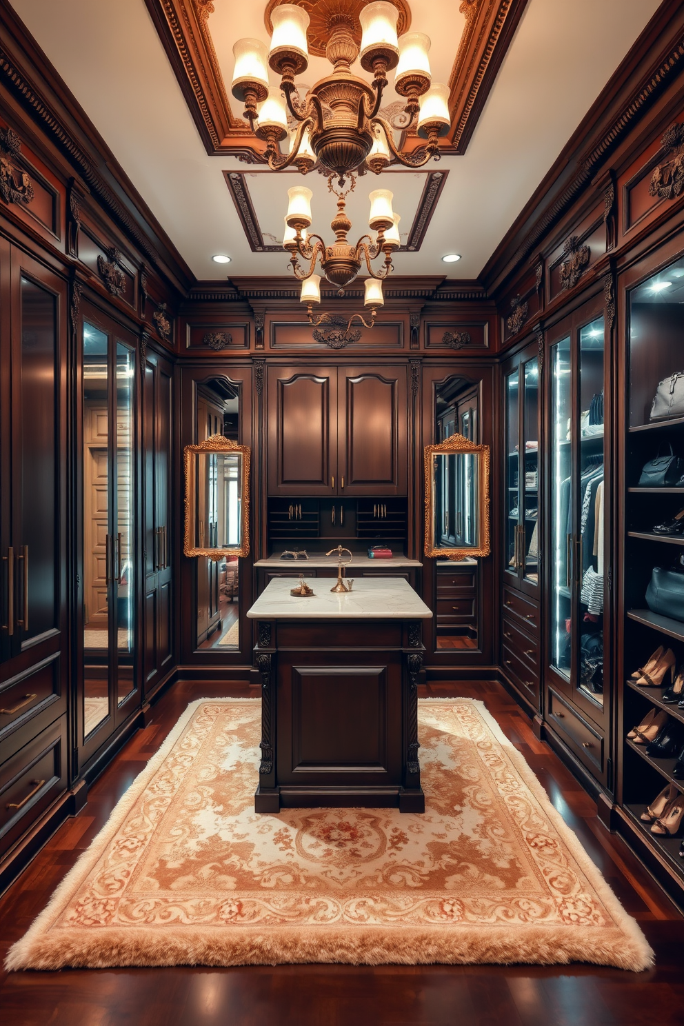 A luxurious walk-in closet with color-coordinated storage bins arranged neatly on custom shelving. The bins are in soft pastels, complementing the elegant Victorian wallpaper adorned with intricate floral patterns. Rich wooden cabinetry lines the walls, featuring ornate moldings and antique brass handles. A plush area rug in muted tones adds warmth and comfort to the space, creating an inviting atmosphere for dressing.