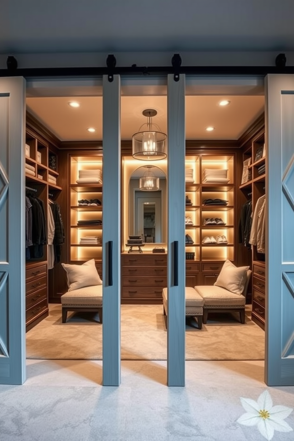 A luxurious walk-in closet featuring sliding barn doors that provide trendy access. The interior is adorned with elegant shelving, plush seating, and ambient lighting to enhance the sophisticated atmosphere.