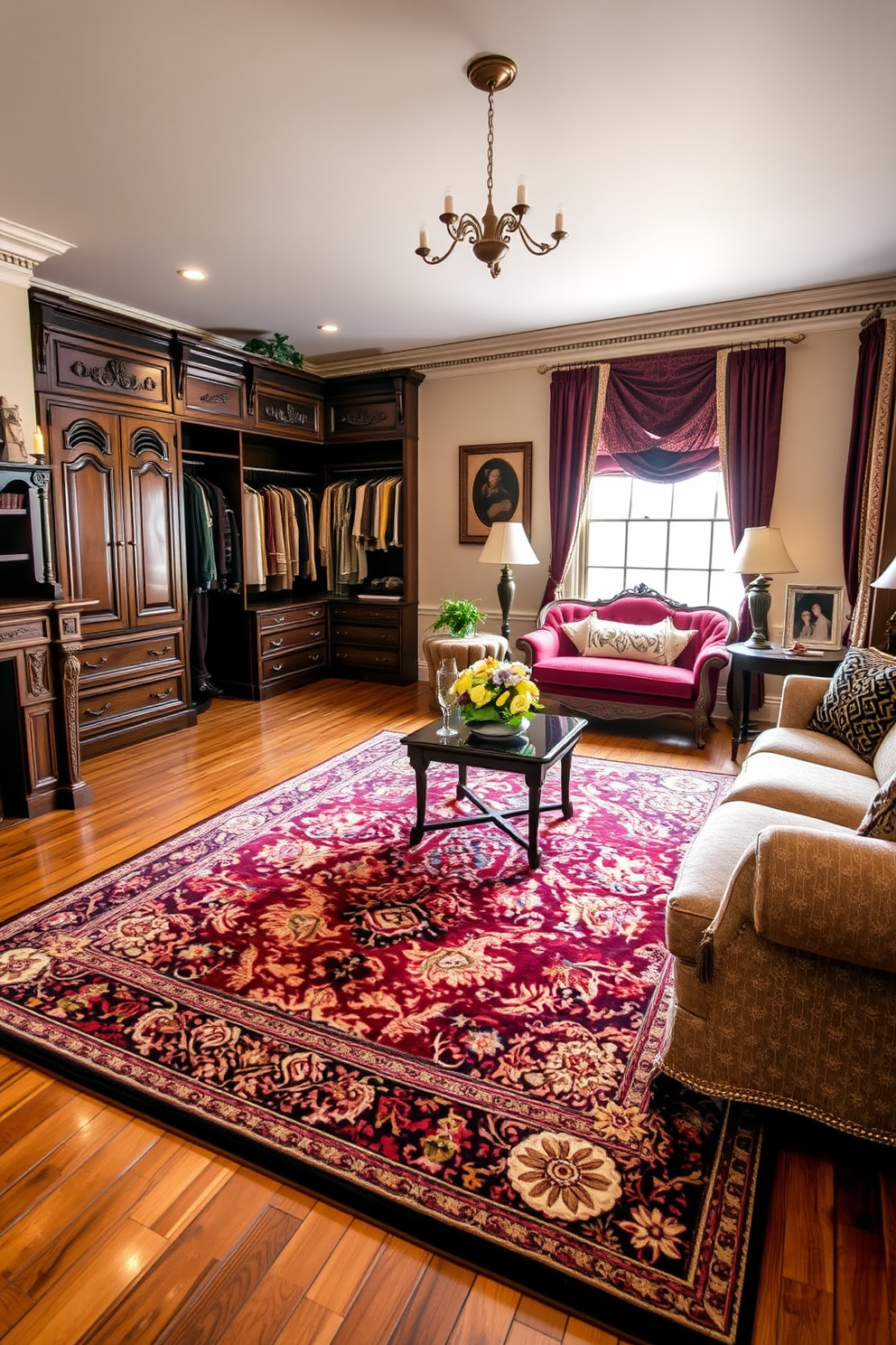 A classic area rug with intricate patterns and rich colors is placed in the center of a spacious living room. The rug complements the elegant furniture arrangement and adds warmth to the hardwood floors. The Victorian walk-in closet features ornate wooden cabinetry with detailed carvings and plush velvet seating. Soft lighting highlights the luxurious fabrics and accessories displayed throughout the space.