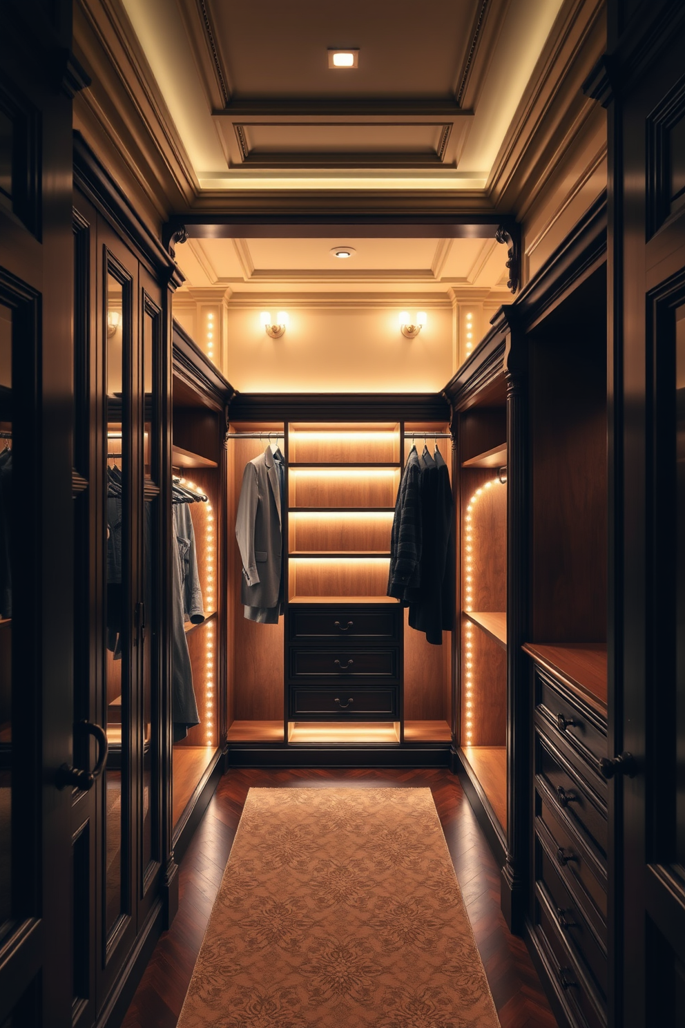 A luxurious Victorian walk-in closet featuring hidden lighting that softly illuminates the space. Elegant wooden shelving and hanging rods are complemented by ornate moldings and rich, dark colors.