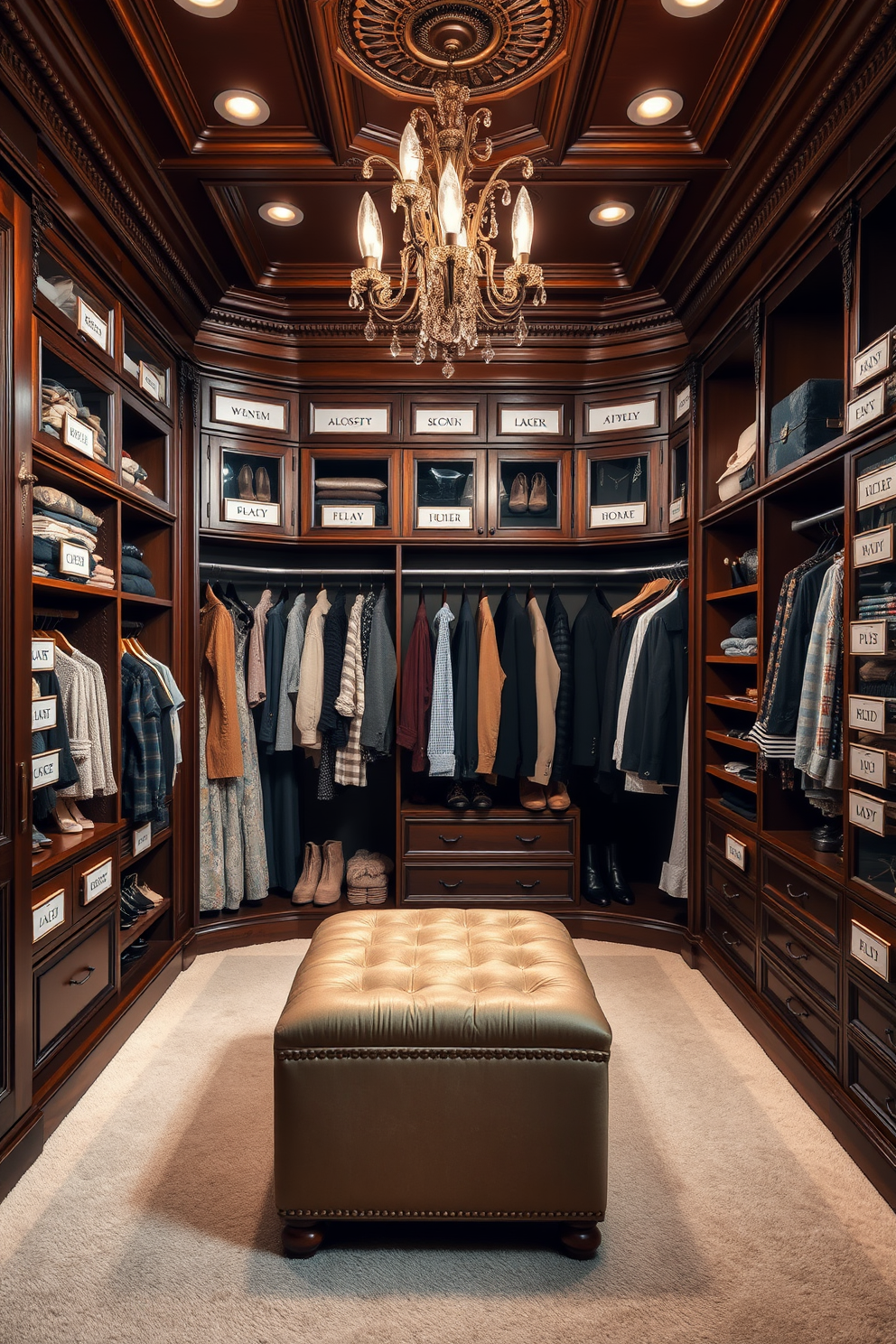 A luxurious Victorian walk-in closet featuring personalized labels for organization. The space is adorned with rich wood finishes, intricate moldings, and elegant lighting fixtures that create a warm ambiance. Custom shelving units display an array of clothing and accessories, each section clearly labeled for easy access. Plush carpeting underfoot adds comfort, while a vintage-style ottoman provides a chic seating area.