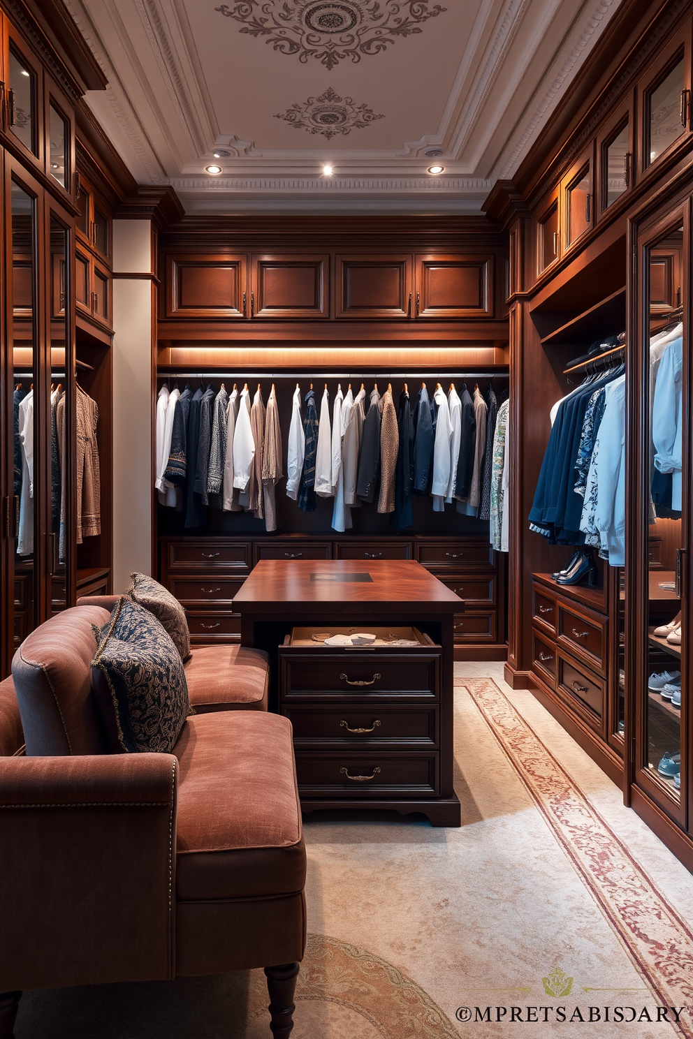 A luxurious Victorian walk-in closet featuring multi-functional furniture that maximizes space and functionality. The design includes a central island with drawers for accessories and a plush seating area for comfort. Elegant wooden cabinetry lines the walls, showcasing an array of hanging garments and neatly arranged shoes. Soft, ambient lighting highlights the intricate moldings and rich textiles, creating a warm and inviting atmosphere.