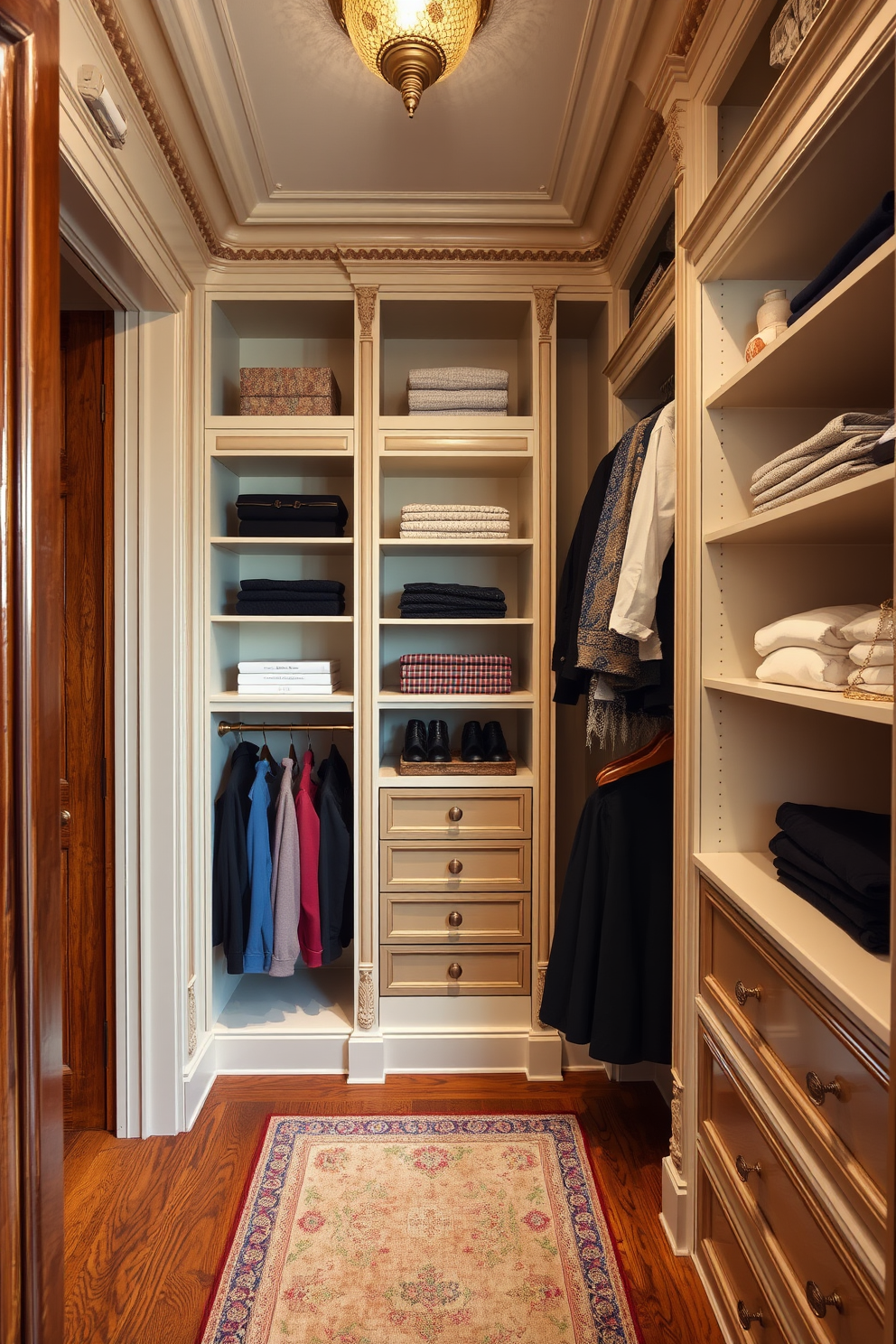 A Victorian walk-in closet featuring open shelving that allows for easy visibility of clothing and accessories. The elegant design includes ornate moldings and rich wood finishes, creating a luxurious atmosphere.