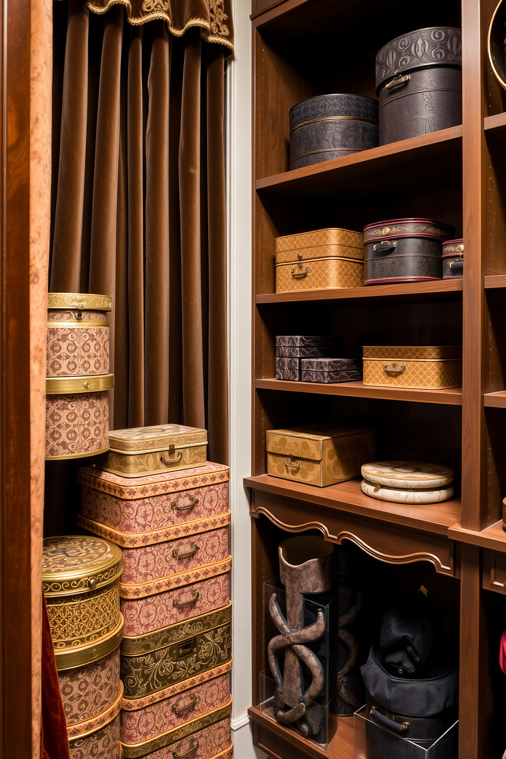 A vintage-inspired walk-in closet features elegant hat boxes stacked neatly in one corner, showcasing intricate patterns and rich colors. The closet is adorned with plush velvet curtains and antique wooden shelves, creating a luxurious atmosphere for storing clothing and accessories.