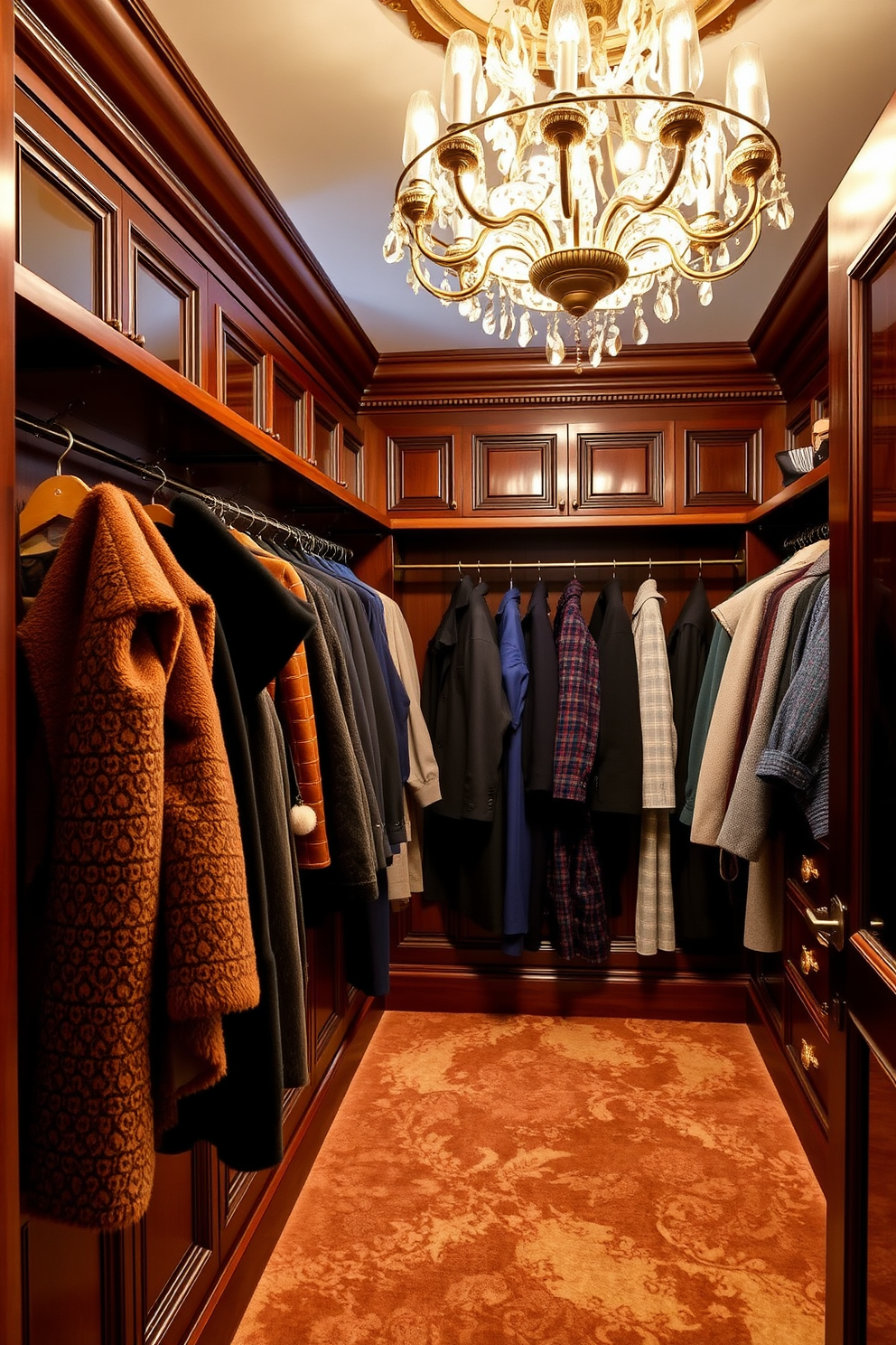 A luxurious Victorian walk-in closet adorned with tall plants that bring a touch of nature indoors. The space features rich wooden cabinetry with intricate carvings, complemented by plush velvet seating and elegant lighting fixtures.