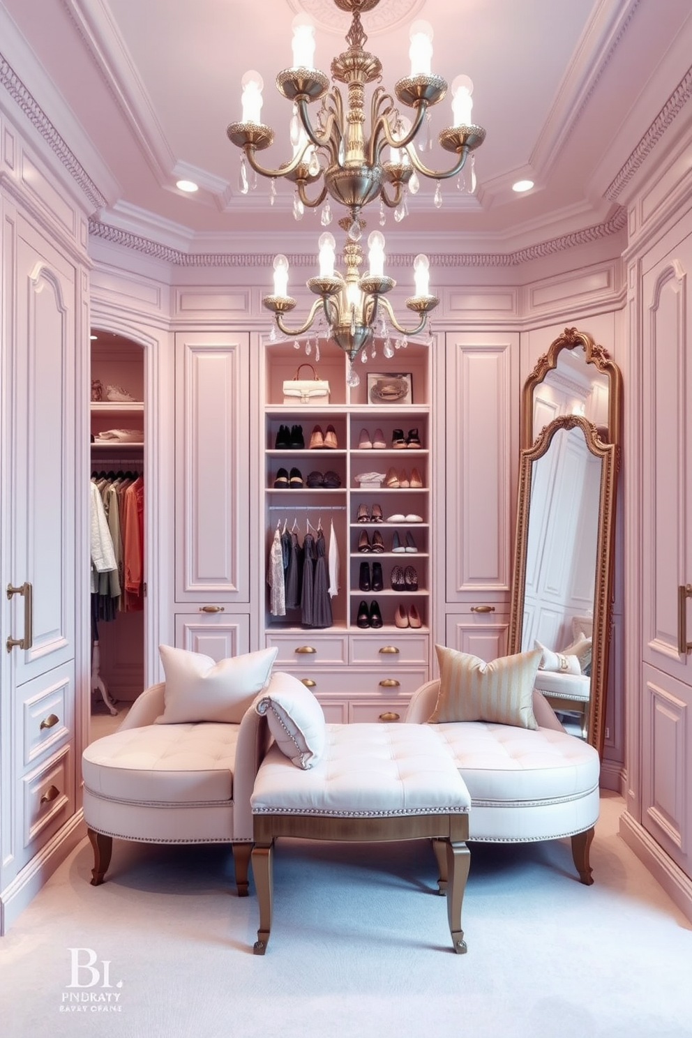 A luxurious Victorian walk-in closet features ornate antique mirrors strategically placed to enhance the sense of spaciousness. Rich wooden cabinetry with intricate detailing complements the plush velvet carpeting, while elegant lighting fixtures add a touch of sophistication.