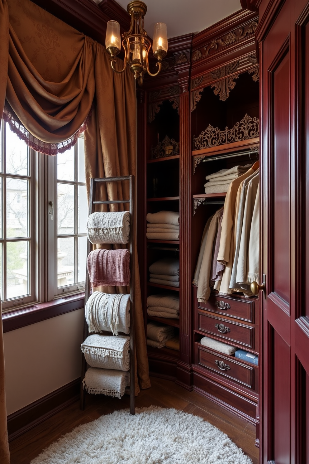 A decorative ladder is elegantly positioned against the wall, showcasing a variety of cozy blankets in soft, inviting colors. The floor is adorned with a plush area rug, while vintage-inspired lighting fixtures cast a warm glow throughout the space. The Victorian walk-in closet features intricately carved wooden shelving and a rich color palette of deep burgundy and gold. Opulent drapery frames the large window, allowing natural light to filter in and highlight the exquisite details of the closet's design.