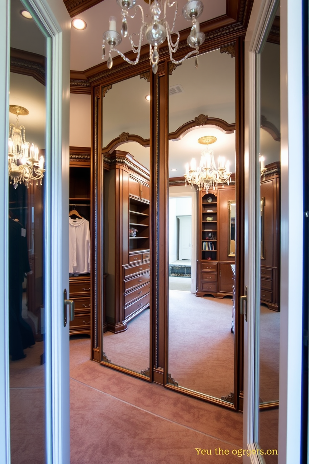 A charming vintage dresser with intricate carvings stands against the wall, showcasing a rich mahogany finish. The dresser is adorned with antique brass knobs, providing both style and functionality for stylish storage solutions. The Victorian walk-in closet features elegant wallpaper in soft pastels, complemented by ornate crown molding. Plush carpeting covers the floor, while a chandelier hangs from the ceiling, adding a touch of luxury to the design.