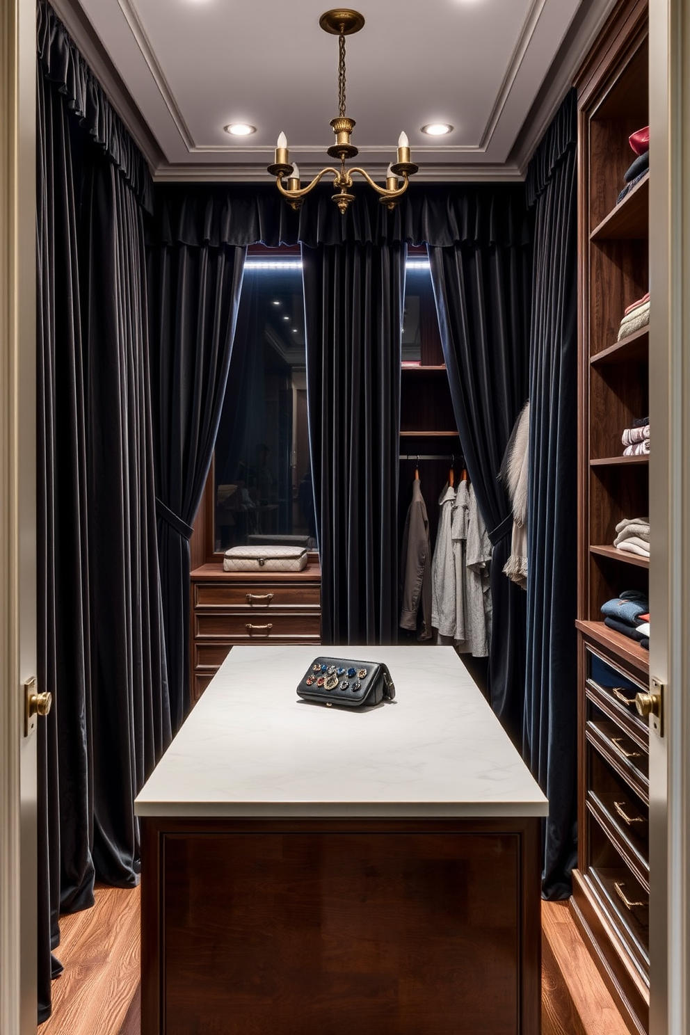 A luxurious walk-in closet featuring rich velvet curtains that add depth and texture to the space. The closet is designed with elegant wooden shelving and a central island for accessories, creating an inviting and organized atmosphere.