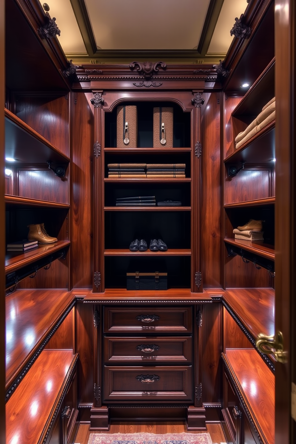 A luxurious Victorian walk-in closet featuring built-in shelving for organized storage. The shelves are crafted from rich mahogany wood, adorned with intricate carvings, and complemented by soft, ambient lighting throughout the space.