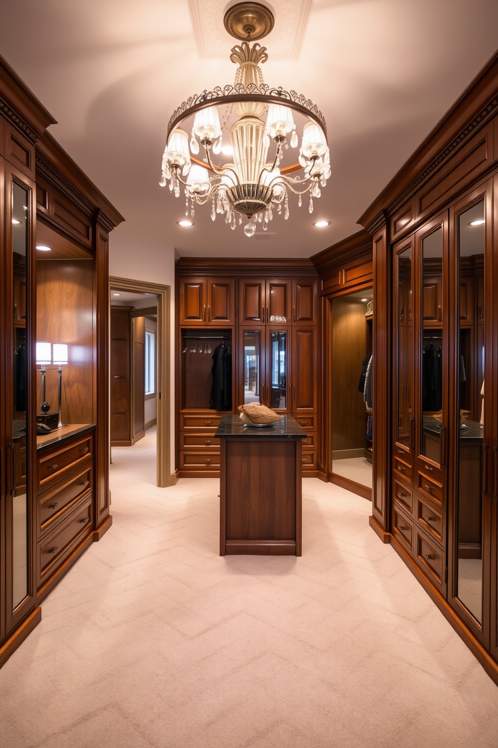 A chic chandelier hangs elegantly from the ceiling, casting a warm glow throughout the space. The walk-in closet features rich wooden cabinetry with intricate moldings and plush carpeting underfoot. Soft lighting enhances the luxurious feel, while a central island provides ample storage and display for accessories. Floor-to-ceiling mirrors reflect the opulence, creating an inviting atmosphere for getting ready.