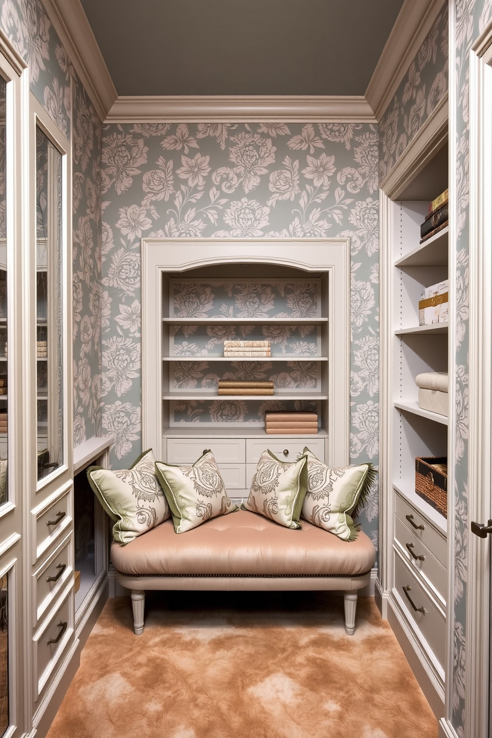 A luxurious Victorian walk-in closet features built-in shelving designed for organized displays. The shelves are adorned with elegant accessories, and rich wood paneling adds a touch of sophistication.