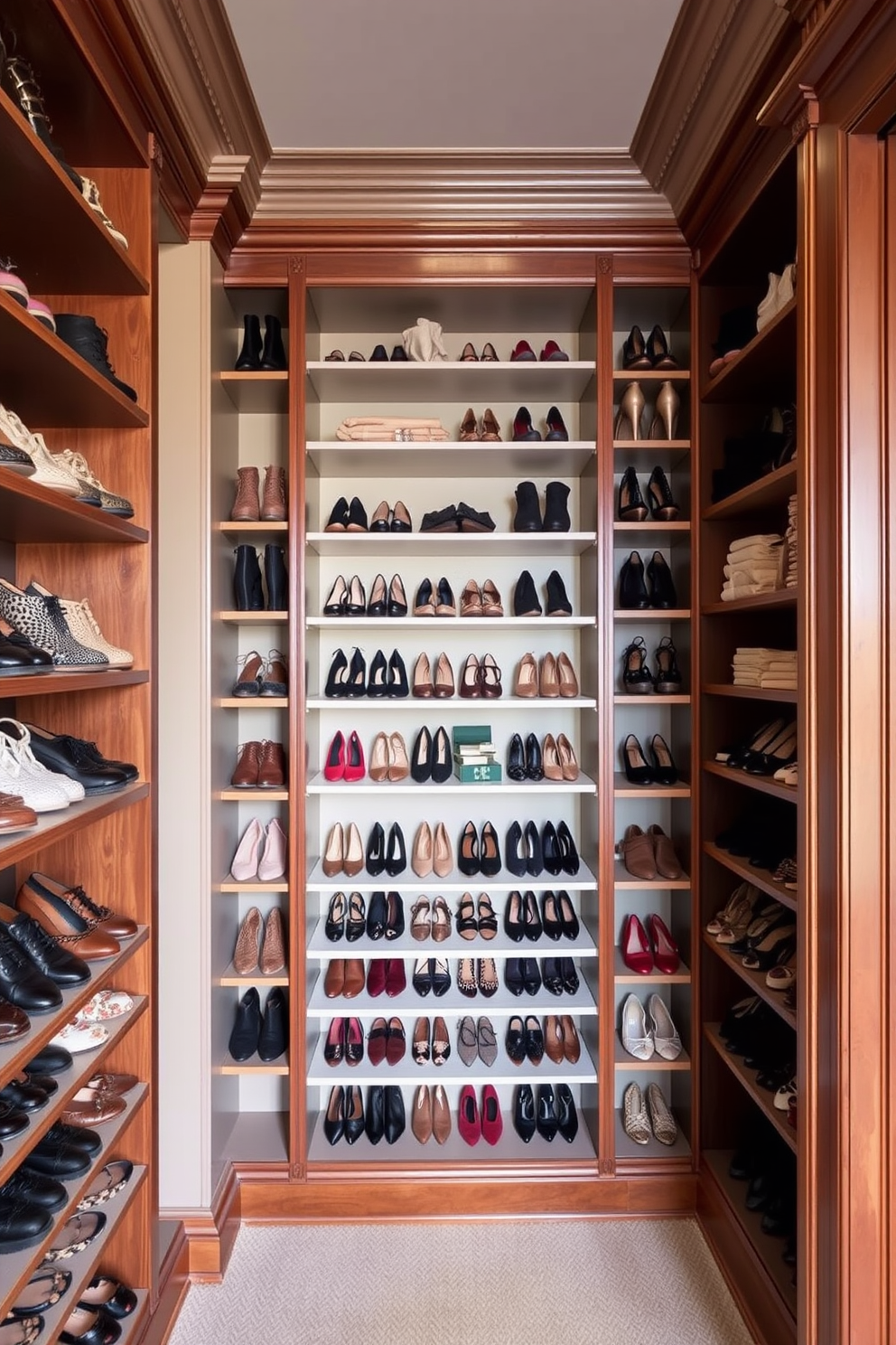 Ladder shelving is elegantly arranged to create a stylish display of shoes and accessories in a Victorian walk-in closet. Rich wood tones and intricate moldings enhance the luxurious atmosphere, while soft lighting highlights the curated collection.