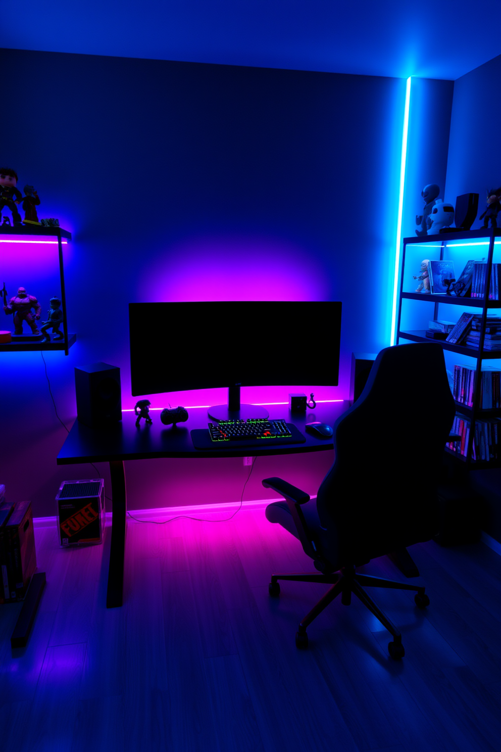 A modern minimalist gaming setup features a sleek black desk with a large curved monitor and a mechanical keyboard. Neon lights in shades of blue and purple illuminate the space, creating an immersive atmosphere. The walls are painted in a dark gray, and a plush gaming chair complements the aesthetic. Shelves on either side of the desk display collectible video game figures and neatly organized game cases.