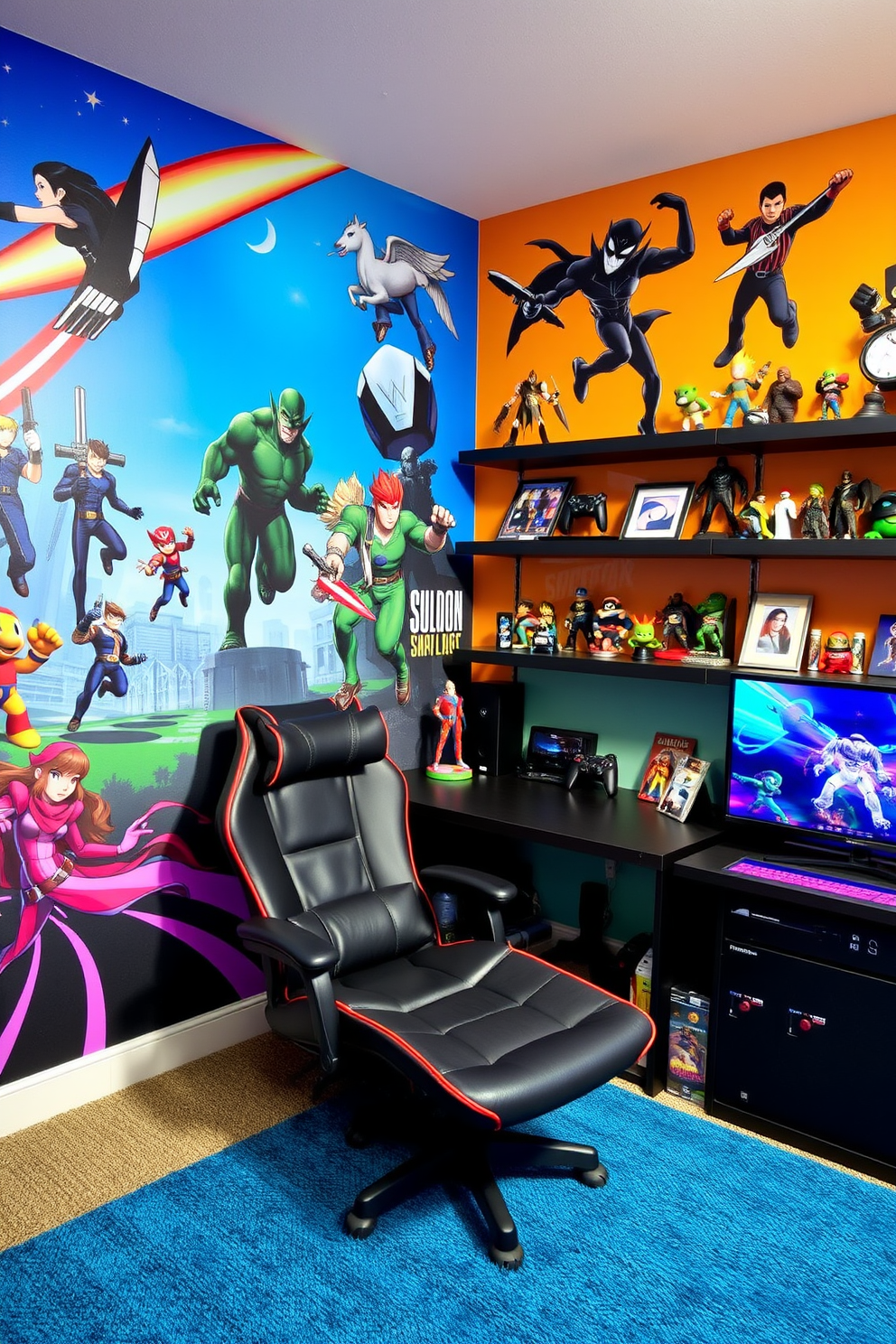 A themed corner dedicated to favorite franchises features vibrant wall art showcasing iconic characters and scenes from beloved video games. The room includes a comfortable gaming chair, a sleek gaming console setup, and shelves filled with collectible figurines and memorabilia.