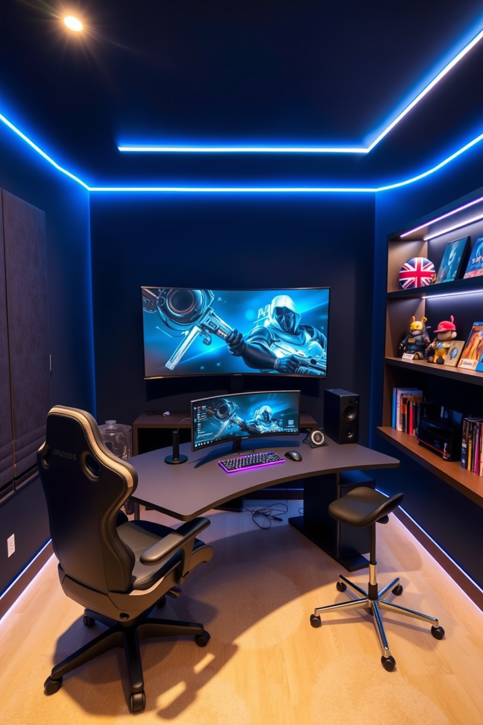 A modern video game room designed for an immersive gaming experience. The walls are soundproofed and painted in a deep navy blue, creating a cozy atmosphere with LED strip lighting illuminating the edges. A large curved gaming monitor is mounted on the wall, with a sleek gaming desk positioned in front. The room features a comfortable gaming chair and shelves filled with collectibles and games, enhancing the overall aesthetic.