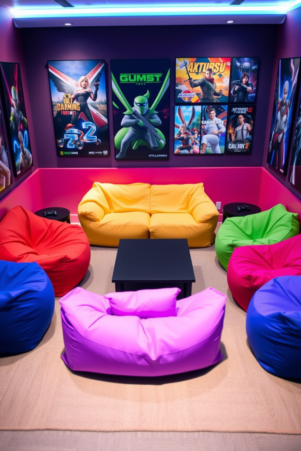 A cozy gaming lounge area featuring vibrant bean bags in various colors arranged around a low coffee table. The walls are adorned with posters of popular video games, and soft LED lighting creates an immersive atmosphere.