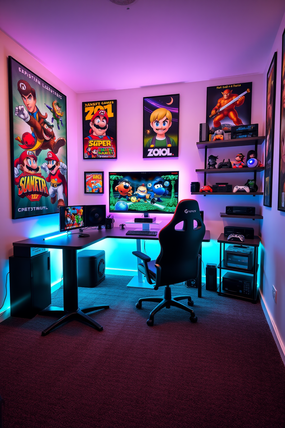 A captivating video game room adorned with fantasy-themed decor. The walls are painted in deep blue with glowing LED lights that mimic a starry night sky. A large mural of a mythical landscape stretches across one wall, featuring dragons and enchanted forests. Cozy bean bag chairs in vibrant colors are scattered around a sleek gaming console setup with multiple screens.