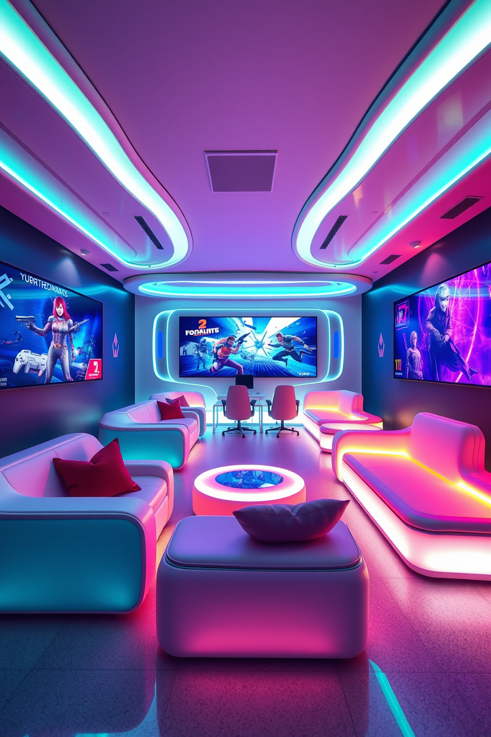 A futuristic video game room features sleek underlit furniture that glows softly in vibrant colors. The walls are adorned with dynamic LED displays showcasing game art, and plush seating is arranged for optimal comfort and immersion.