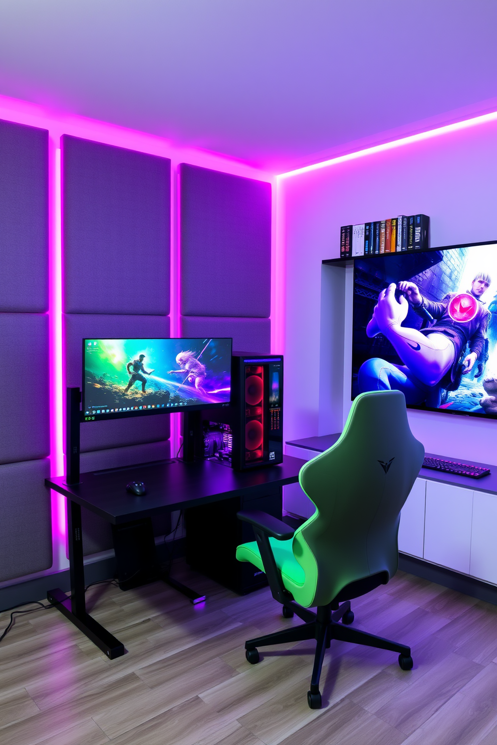 A comfortable gaming chair with an ergonomic design. The chair features adjustable armrests and lumbar support, upholstered in a breathable fabric for long gaming sessions. The video game room is designed with a dark color palette to enhance the immersive experience. LED strip lighting outlines the shelves, showcasing game collectibles and creating a dynamic atmosphere.