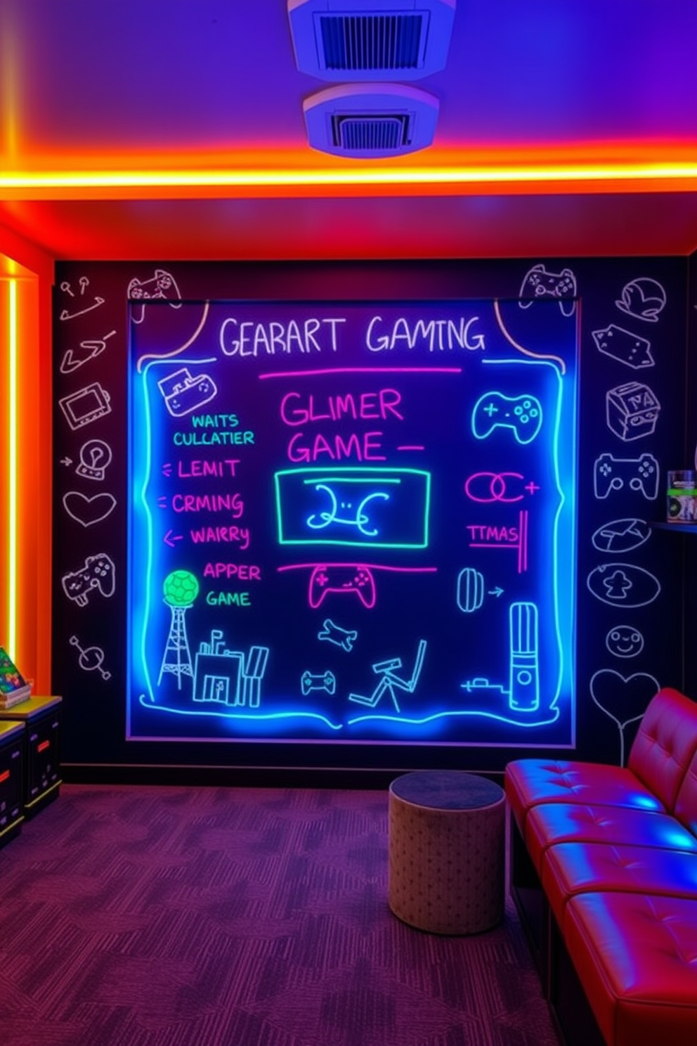 A vibrant video game room featuring an interactive wall designed with a gaming-themed chalkboard. The room is filled with colorful LED lights and comfortable seating, creating an inviting atmosphere for gaming enthusiasts.