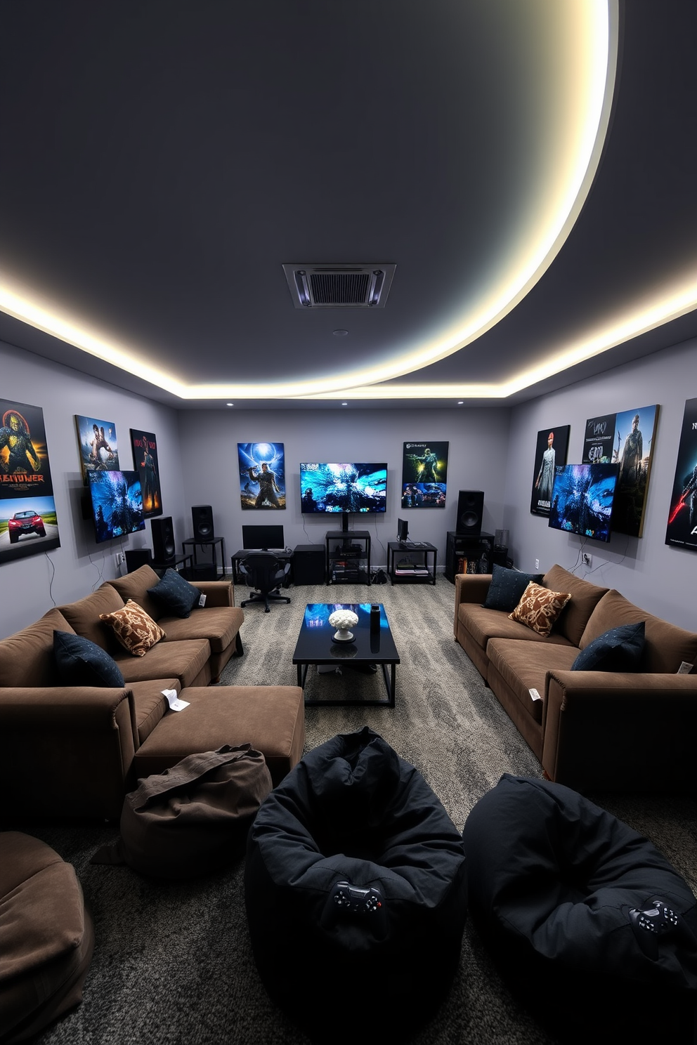 A vibrant video game room featuring a sleek gaming console setup with colorful LED lights illuminating the shelves. The walls are adorned with framed posters of popular games, and a large comfortable gaming chair is positioned in front of a massive screen. Under the bed, there are spacious storage drawers designed specifically for organizing games and accessories, keeping the room tidy. The flooring is a plush carpet that complements the overall color scheme, creating a cozy atmosphere for gaming marathons.