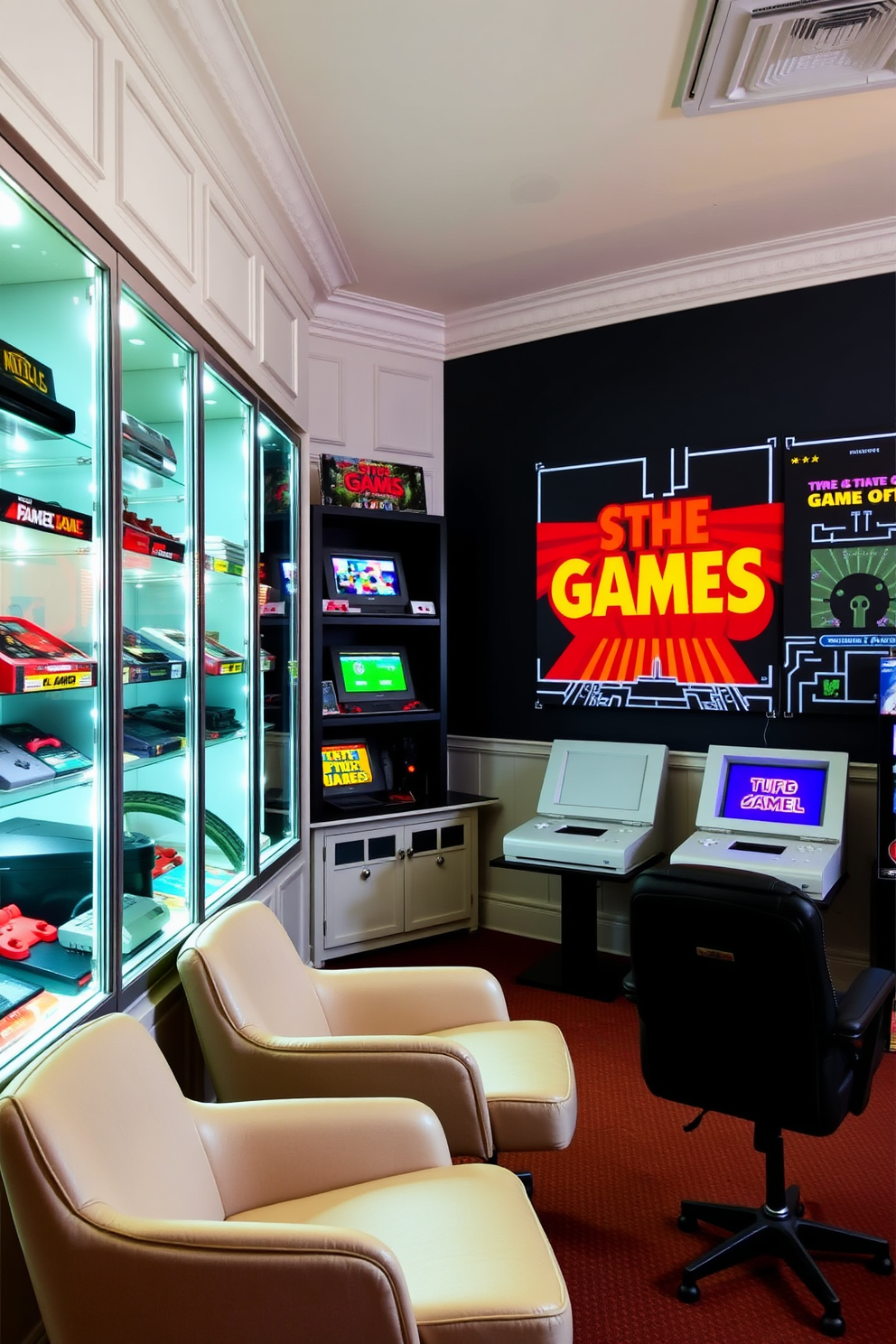 A vintage game collection is showcased in elegant glass cases lining the walls. The room features a cozy seating area with retro gaming chairs and vibrant wall art inspired by classic video games.