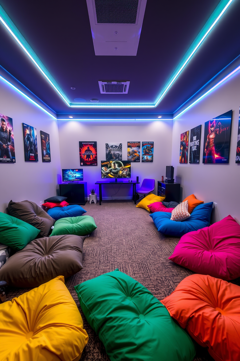 A video game room designed with a dark color palette creates an immersive and dramatic atmosphere. The walls are painted in deep navy blue, and the ceiling features black acoustic panels to enhance sound quality. A sleek black gaming desk is positioned in front of a large screen, with RGB LED strip lights illuminating the edges. Plush seating in dark grey provides comfort for long gaming sessions, while a low-profile coffee table adds a modern touch.