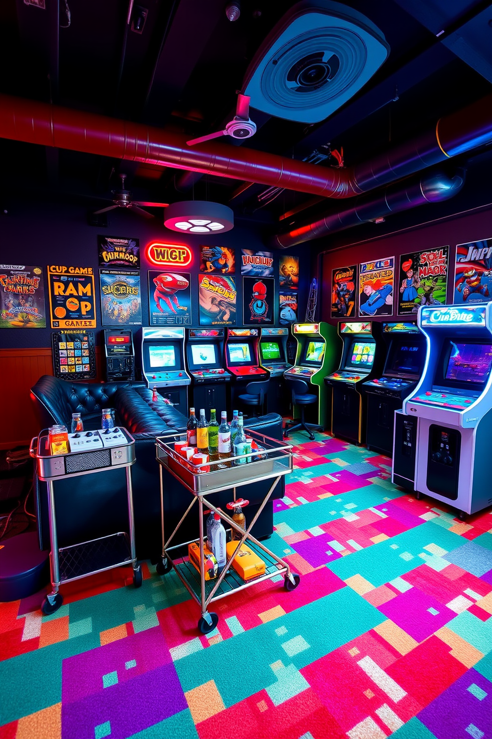 A retro arcade style room filled with vintage gaming consoles and colorful neon lights. The walls are adorned with classic game posters, and a plush seating area invites friends to enjoy nostalgic gaming sessions. The floor is covered with a vibrant carpet featuring pixelated designs reminiscent of classic video games. A bar cart stocked with retro snacks and drinks adds a fun touch to the overall atmosphere.