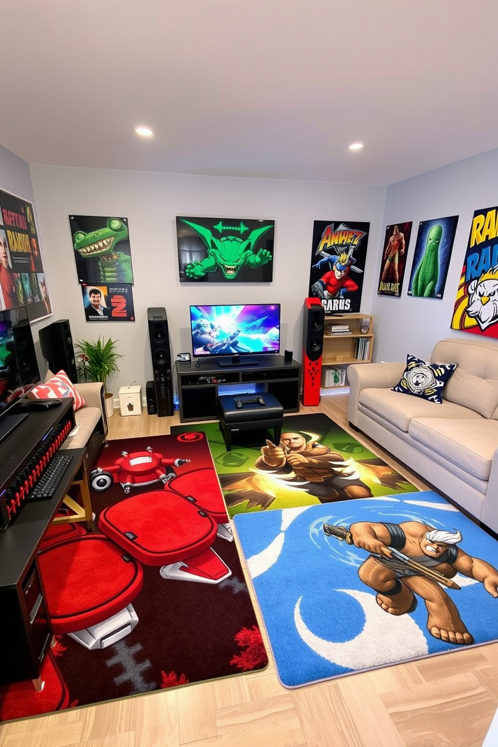 A cozy video game room featuring themed rugs that complement the aesthetics of popular games. The room is adorned with vibrant wall art and comfortable seating, creating an immersive gaming environment.