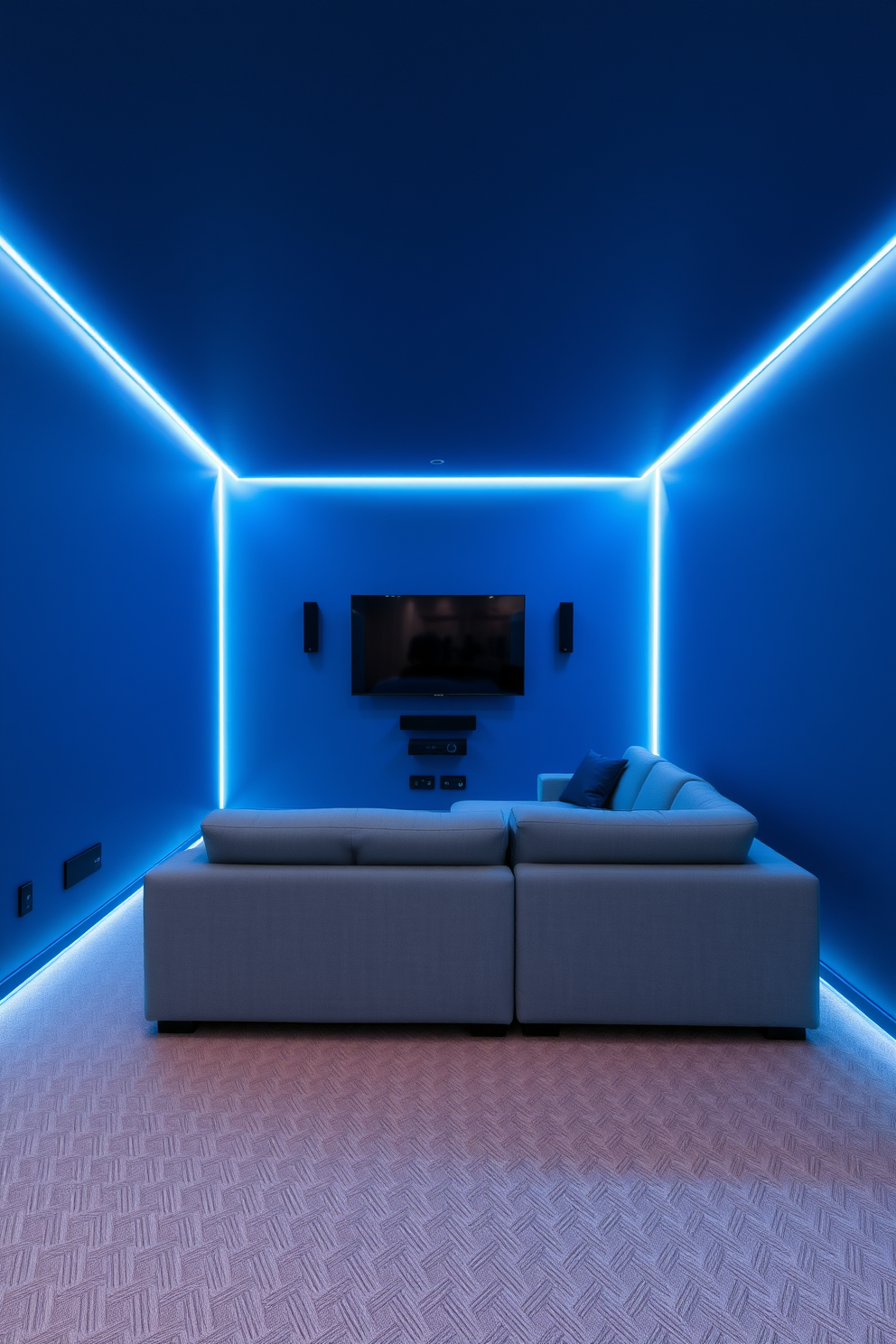 A modern video game room designed for an immersive experience. The walls are painted in a deep blue shade, with LED strip lights illuminating the edges for a futuristic vibe. A large sectional sofa is positioned in the center, facing a wall-mounted flat-screen TV. Built-in speakers are seamlessly integrated into the walls for a surround sound experience that enhances gameplay.