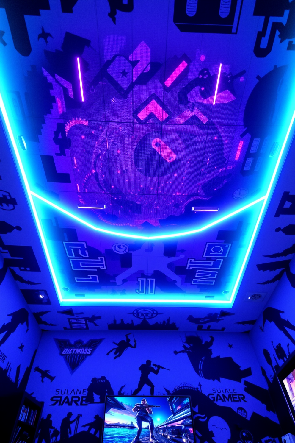 Create an immersive video game room featuring artistic ceiling designs that draw inspiration from popular video games. The ceiling should incorporate elements like pixel art, neon lights, and game character silhouettes to enhance the overall theme of the room.