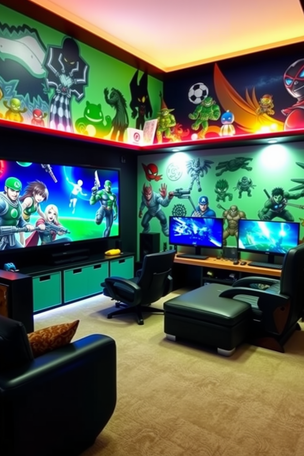 Create a vibrant video game room filled with wall decals of favorite characters from popular games. The room features a large gaming setup with multiple screens, comfortable seating, and ambient lighting that enhances the gaming experience.