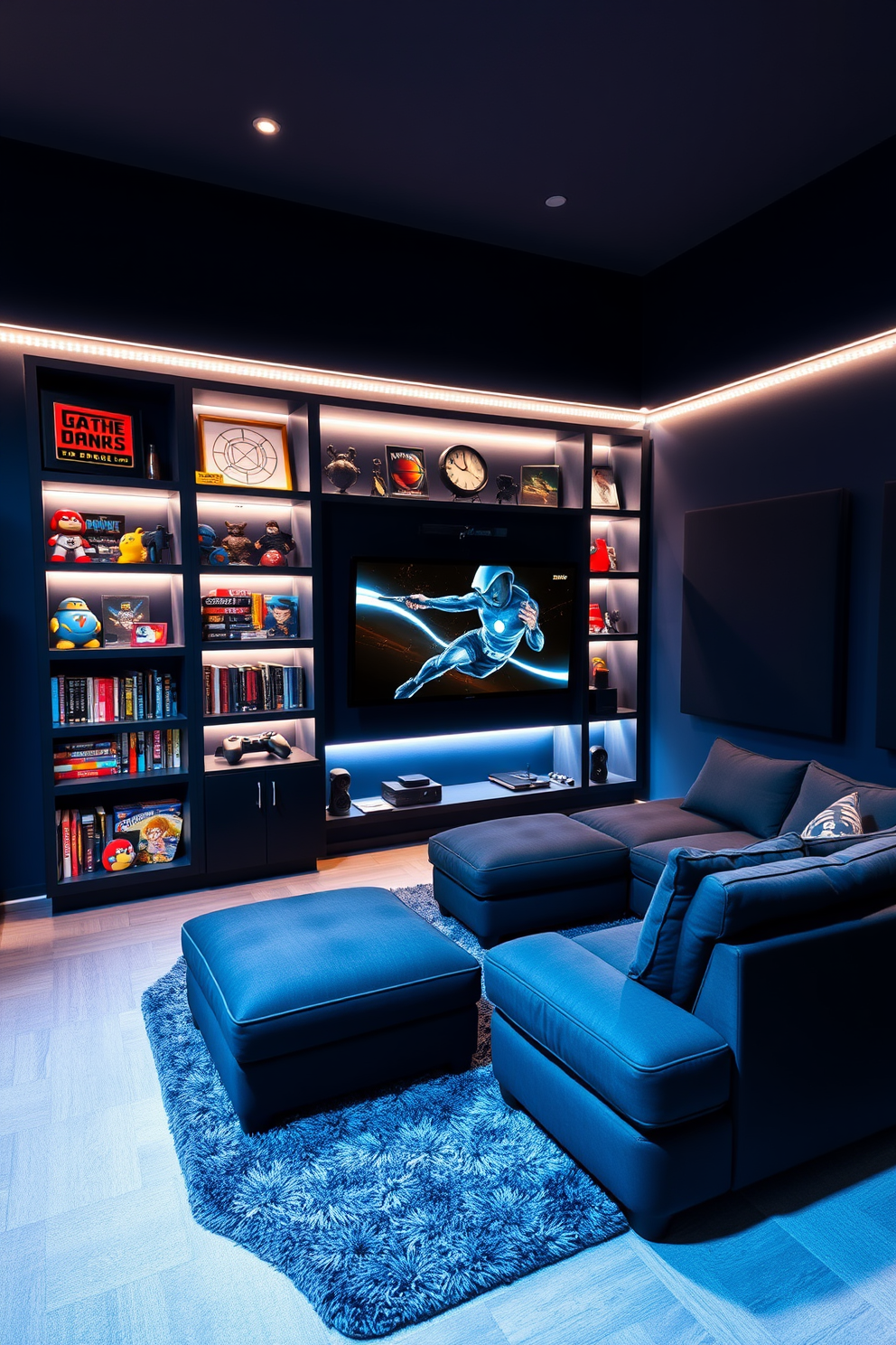 A cozy video game room designed for immersive gameplay. The walls are painted a deep navy blue, and ambient LED strip lights outline the shelves filled with collectibles. A large sectional sofa faces a wall-mounted flat-screen TV, creating the perfect viewing angle for gaming. A plush area rug adds warmth to the space, while soundproof panels enhance the acoustics for an optimal gaming experience.