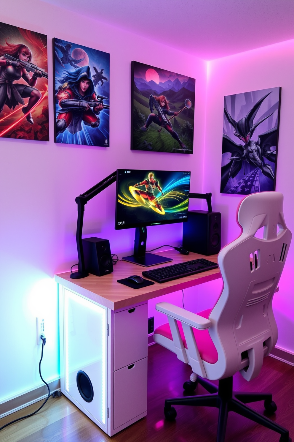 A sleek gaming monitor setup features dual screens mounted on an adjustable stand, providing an immersive gaming experience. The desk is minimalist with a matte black finish, complemented by RGB lighting that enhances the modern aesthetic. The walls are adorned with posters of popular video games, creating a vibrant atmosphere. A comfortable gaming chair with ergonomic support sits in front of the desk, inviting long hours of gameplay.