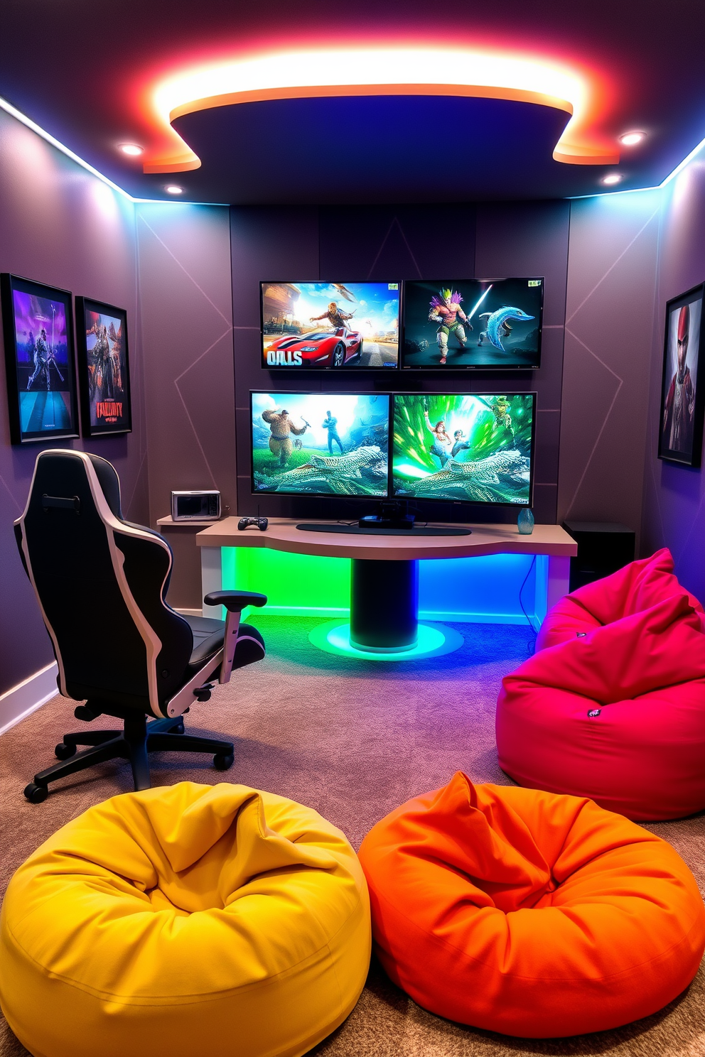 A vibrant video game room featuring a sleek gaming chair with adjustable features and built-in speakers. The walls are adorned with framed artwork from popular video games, creating an immersive atmosphere. A custom gaming table designed for multiple screens, with LED lighting that changes colors based on gameplay. Plush bean bags in coordinating colors provide comfortable seating for friends during gaming sessions.