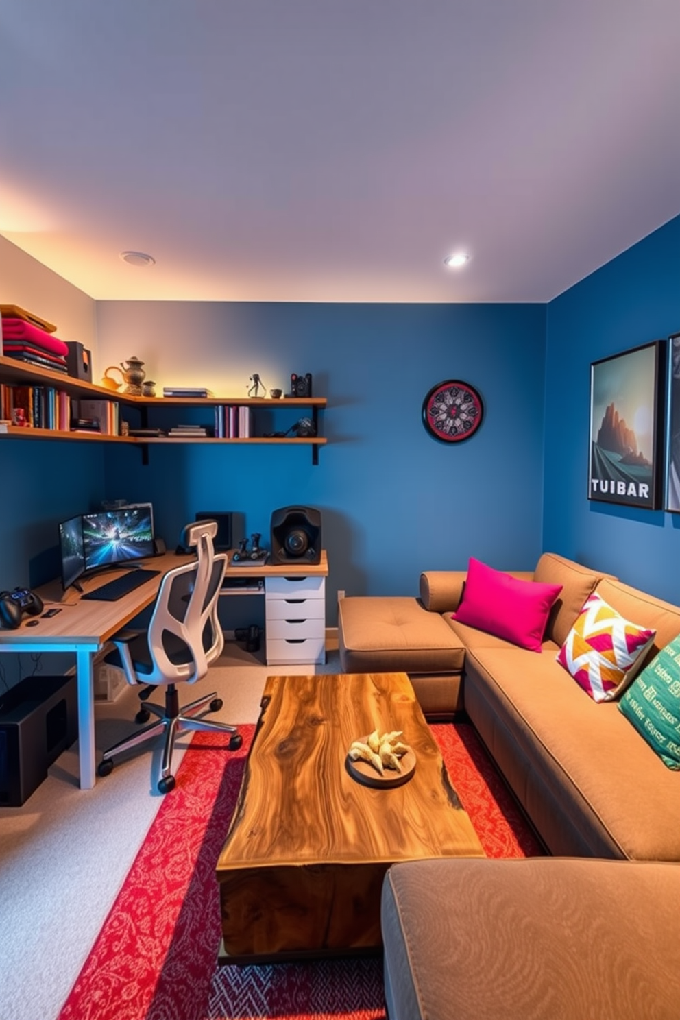 A vibrant multi-functional space designed for both work and play. The room features a sleek desk with a modern ergonomic chair, surrounded by shelves filled with books and gaming accessories. On the opposite side, a cozy lounge area includes a large sectional sofa adorned with colorful cushions and a coffee table made of reclaimed wood. The walls are painted in a calming blue hue, and ambient lighting creates an inviting atmosphere for gaming sessions.