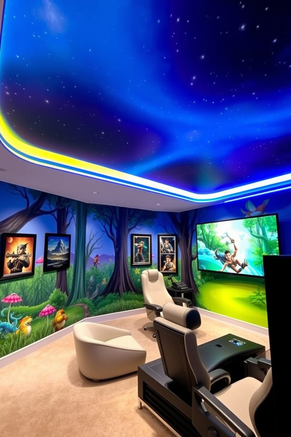 A whimsical fantasy-themed room featuring vibrant wall murals depicting enchanted forests and mythical creatures. The ceiling is painted to resemble a starry night sky, creating an immersive atmosphere for relaxation and creativity. A dynamic video game room designed with ergonomic seating and ambient lighting that adjusts to the gameplay. The walls are adorned with framed artwork of iconic video game characters, and a large screen is mounted for an engaging gaming experience.