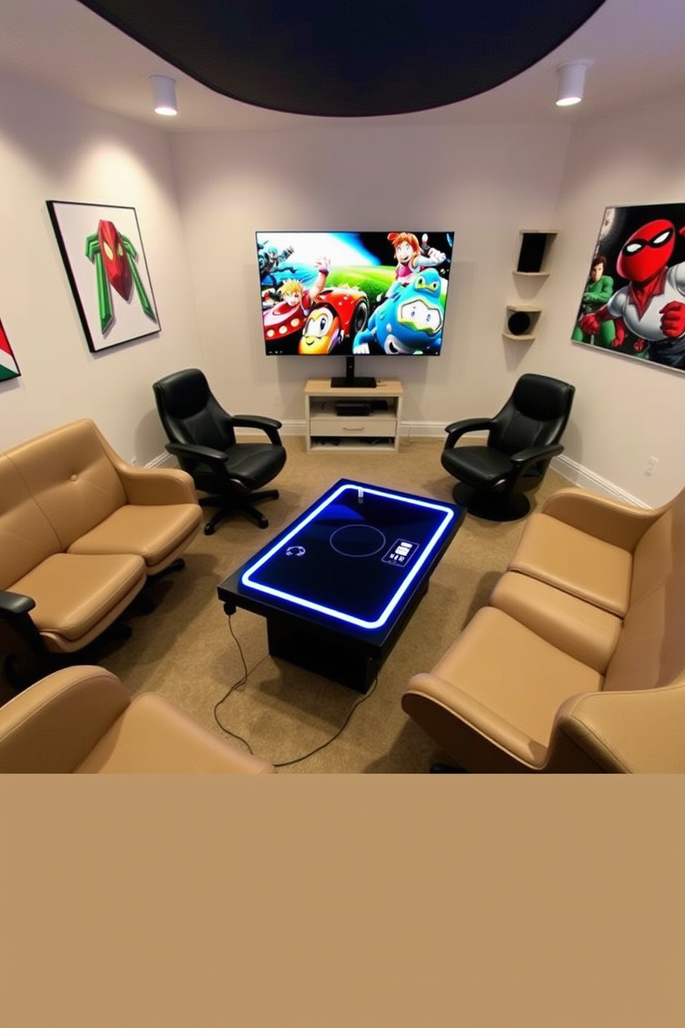 A unique coffee table designed for gaming enthusiasts features a sleek surface with built-in LED lighting and wireless charging capabilities. Surrounding the table, comfortable gaming chairs are arranged in a semi-circle, creating an inviting atmosphere for friends to gather and play. The walls are adorned with vibrant artwork inspired by popular video games, adding a playful touch to the room. A large screen is mounted opposite the seating area, providing an immersive gaming experience for all.