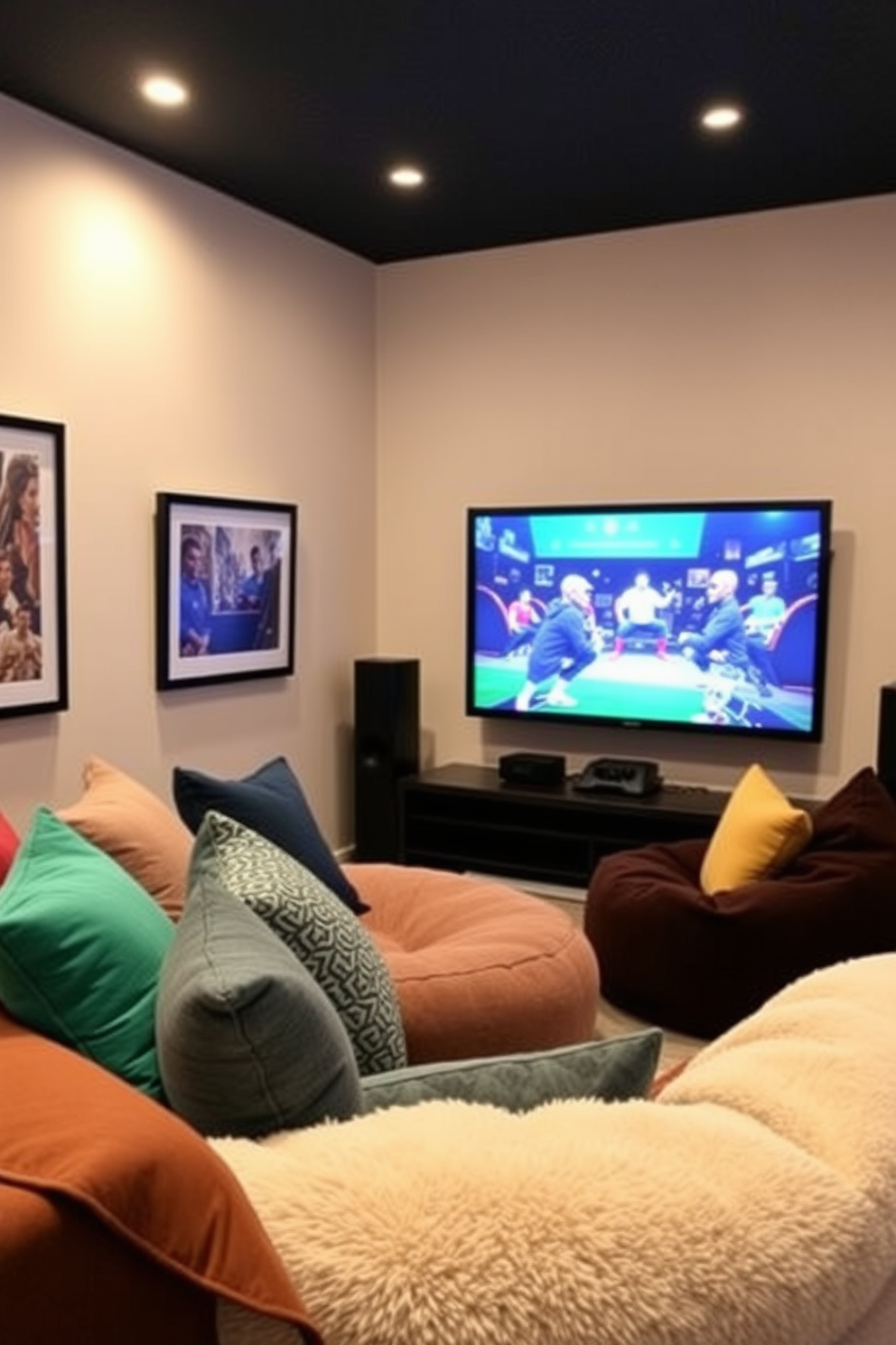 A modern video game room designed for immersive gameplay features wall-mounted screens that create a panoramic view of the gaming environment. The walls are painted in a deep blue hue, complemented by LED strip lighting that enhances the overall atmosphere. Comfortable seating is arranged in a semi-circle around the screens, with plush gaming chairs that provide support during long sessions. A sleek coffee table sits in the center, adorned with gaming accessories and snacks for an inviting touch.