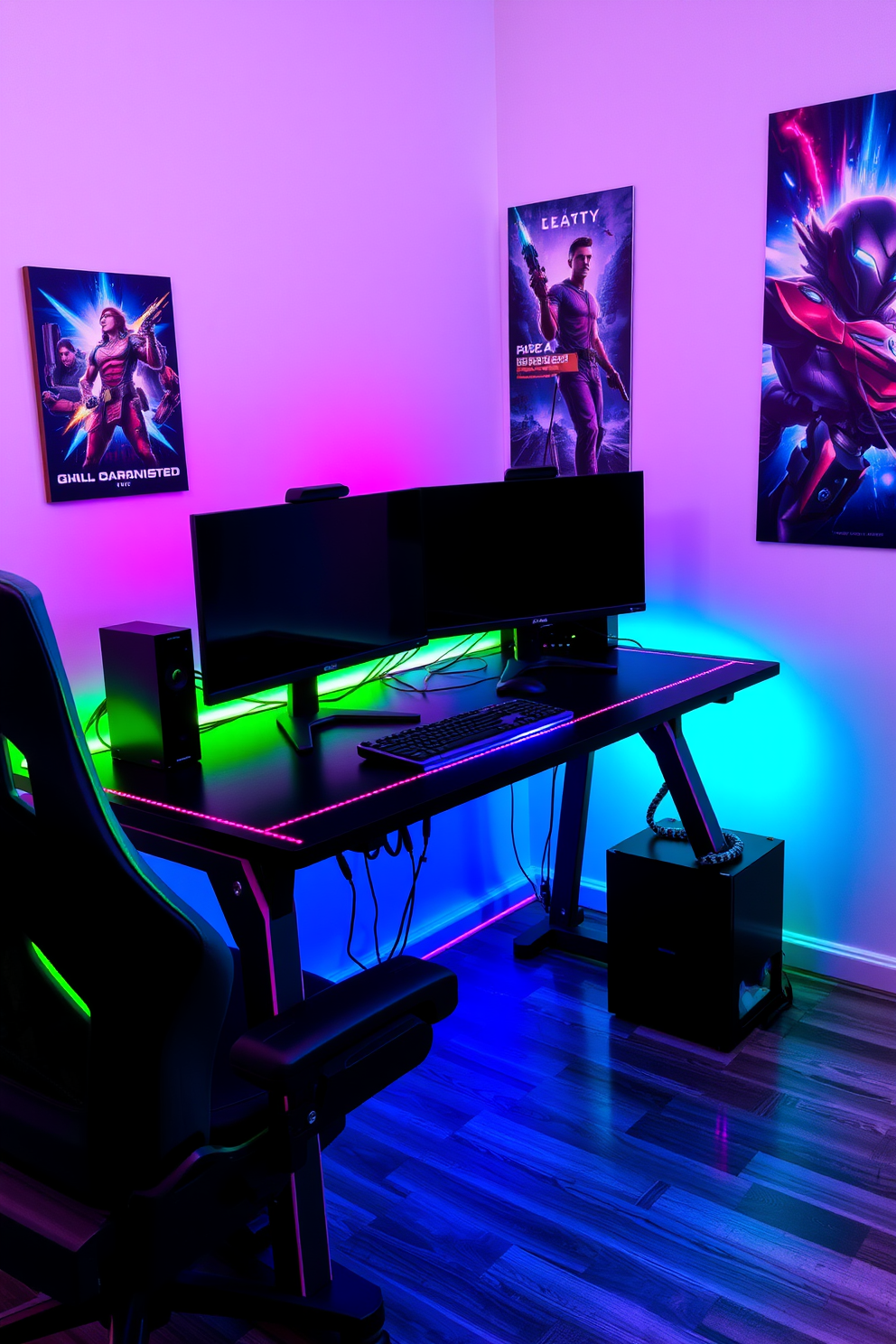 A high-tech gaming desk features dual monitors positioned at an optimal angle for immersive gameplay. The desk is equipped with RGB lighting and cable management systems, creating a sleek and organized appearance. The walls are adorned with vibrant gaming posters and LED strip lights that pulse with the rhythm of the game. A comfortable gaming chair complements the setup, providing ergonomic support for extended gaming sessions.