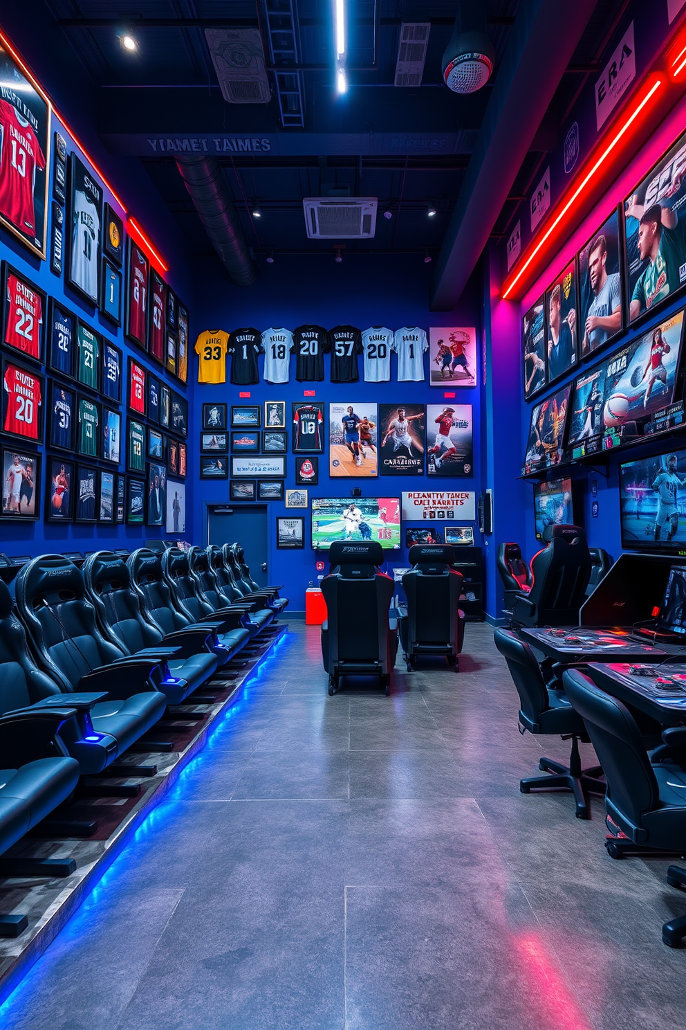 A vibrant sports arena setting filled with memorabilia displays. The walls are adorned with framed jerseys, signed balls, and photographs of legendary athletes. The flooring features a polished concrete finish, while stadium-style seating is arranged for optimal viewing. Bright LED lights illuminate the space, creating an energetic atmosphere perfect for gaming and sports events. A dedicated video game room designed for immersive play. The walls are painted in a deep blue hue, complemented by neon accents and posters of popular games. Comfortable gaming chairs are positioned in front of large screens, with shelves lined with gaming consoles and accessories. Ambient lighting enhances the excitement, making it an ideal spot for both casual and competitive gaming.